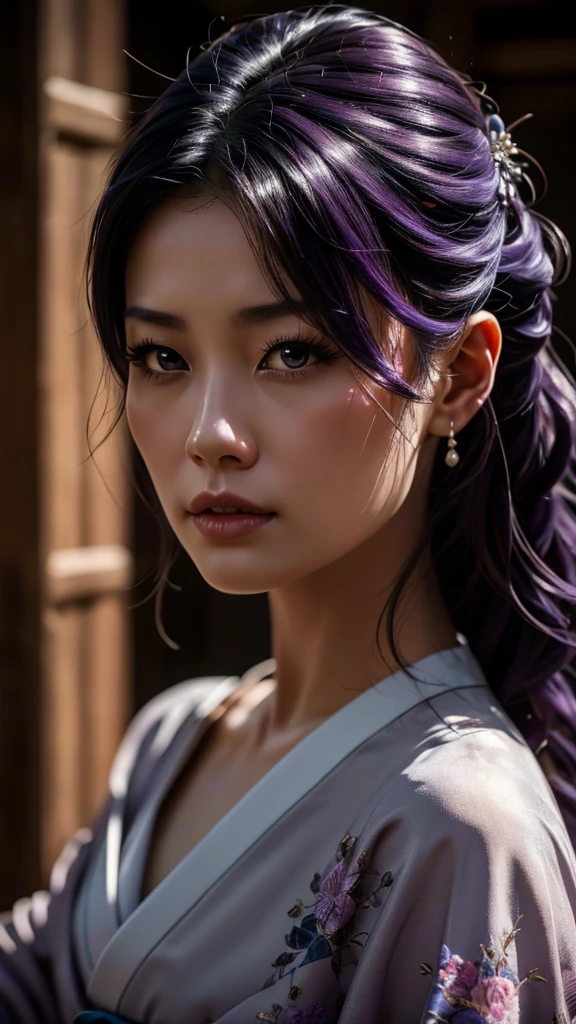 A adult woman in realistic portrait of high quality and detail, Raiden Shogun (Genshin Impact), movie style, beautiful 40 years old japanese mature woman, dark and mysterious atmosphere, pale skin, glow, eye shadow, 1girl, thriller fantasy, Depth & Perspective, sadness on her face, long tail purple hair, purple eyes, Mystical powers, fine face, standing in the room, outside, the japanese royal palace on the background, blue sky, white cloud, looking at viewer, (ultra-high detail:1.2), Masterpiece, Best Quality, Ultra-detailed, Cinematic lighting, 8K, delicate features, cinematic, 35 mm lens, f/1.9, highlight lighting, global lighting –uplight –v 4, cinematic, intense gaze, Cinematic lighting, 8K, high quality, Highest Quality, (Solo Focus), (extremly intricate:1.3), (Realistic), dramatic, masterful, Analog style, (Film grain:1.5), (warm hue, cold tone),