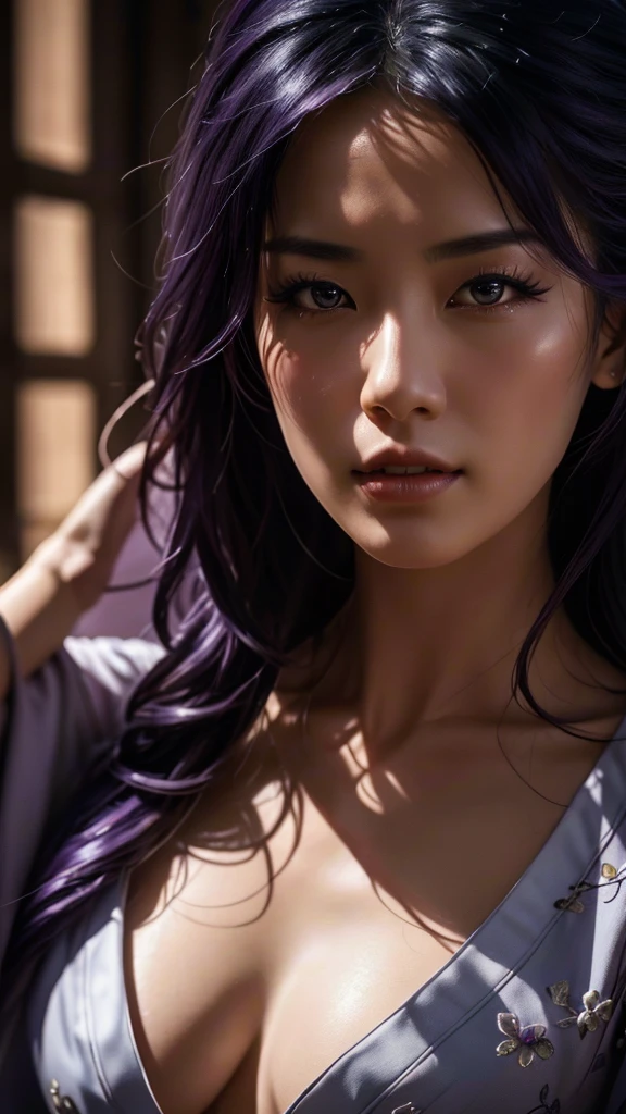 A adult woman in realistic portrait of high quality and detail, Raiden Shogun (Genshin Impact), movie style, beautiful 40 years old japanese mature woman, dark and mysterious atmosphere, pale skin, glow, eye shadow, 1girl, thriller fantasy, Depth & Perspective, sadness on her face, long tail purple hair, purple eyes, Mystical powers, fine face, standing in the room, outside, the japanese royal palace on the background, blue sky, white cloud, looking at viewer, (ultra-high detail:1.2), Masterpiece, Best Quality, Ultra-detailed, Cinematic lighting, 8K, delicate features, cinematic, 35 mm lens, f/1.9, highlight lighting, global lighting –uplight –v 4, cinematic, intense gaze, Cinematic lighting, 8K, high quality, Highest Quality, (Solo Focus), (extremly intricate:1.3), (Realistic), dramatic, masterful, Analog style, (Film grain:1.5), (warm hue, cold tone),
