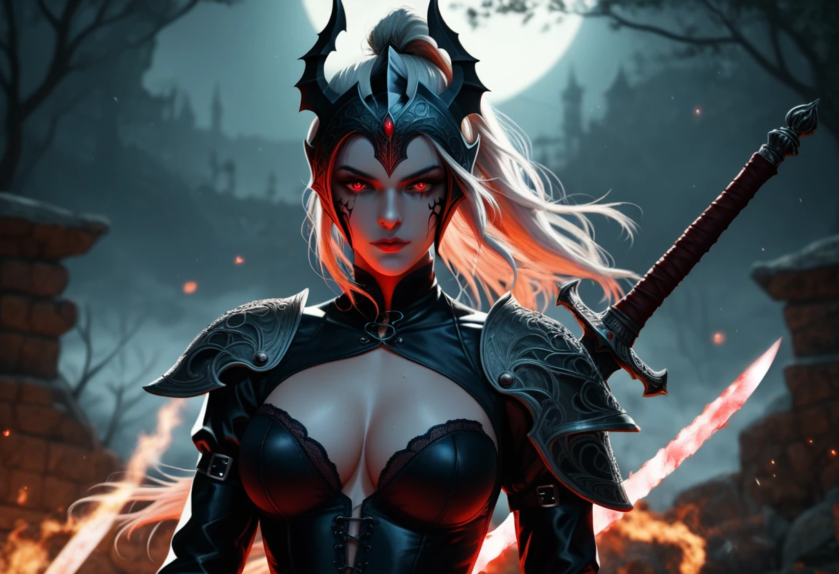 8k resolution, depth of field, photorealistic, lens flare, ((best quality)), (((intricate details))), highly detailed, (((cinematic effect))), looking at viewer,1girl,breasts,long hair, ((white hair with black highlights)), ponytail, glowing red eyes, serious and severe face, demonic armor, helmet in the shape of a blood red dragon head,holding, holding weapon, sword, holding sword, the blade and blood red color, night, (underworld,hells), well of cursed souls, the river styx, one of the 4 rivers of hell in the backgrounddynamic lighting, high quality.detailed skin