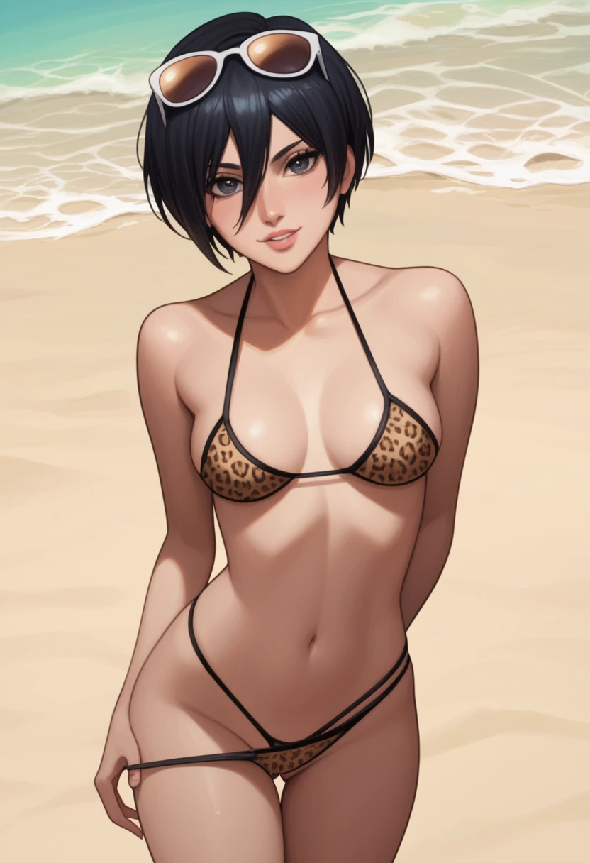 score_9_up, score_8_up, score_7_up, 1girl, solo, mature female, Mikasa, very short black hair, ((pixie cut)), dark grey eyes, pink lips, parted lips, fit slim body, ((perfect medium erected breast)), ((( leopard tight bikini with thong, sunglasses on her head))), rosy cheeks, wide hips, sand beach, looking at the viewer, naughty smile, standing and pulling down her thong and showing her unshaven pussy(((nude unshaven pussy))), wet body