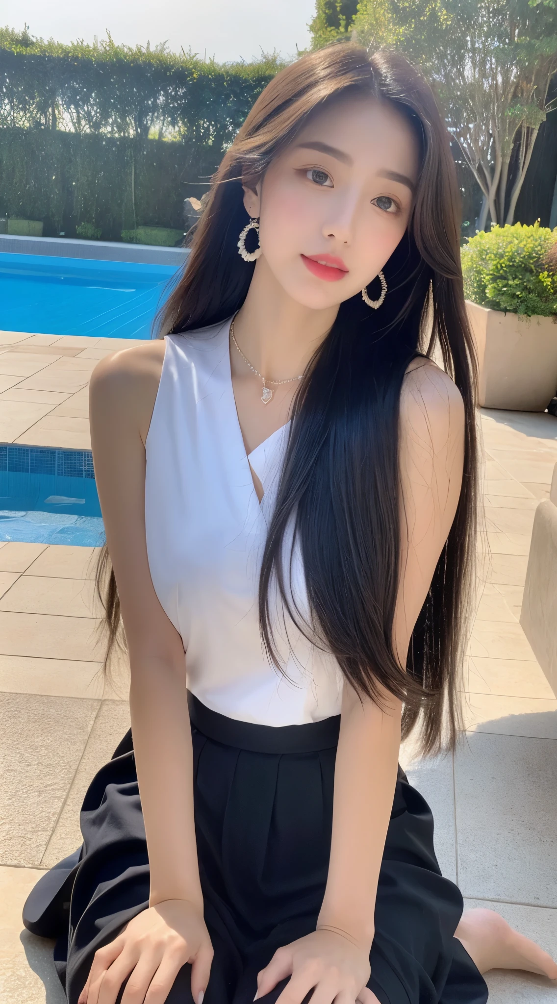 (best qualityer, 8K, Masterpiece artwork:1.3)), A pretty maiden,puros,melon seed face,Kind and cute,Um dolce sorriso,Pure Desires,Lean height,(The street),(Tilt your head),looking directly at the camera,uniforms, inner strength, formal,Long silky black, slickedback hair,Long hair falling over the shoulders,The large, round-cropped, 黑The eye,big and clear eyes,Hydrated red lips,dolce,gorgeous necklace,delicate earrings,Sitting on the edge of the pool,com blue sky e nuvens brancas,blue sky , big boobies , breasts showing , no censure , porn , HAVING SEX