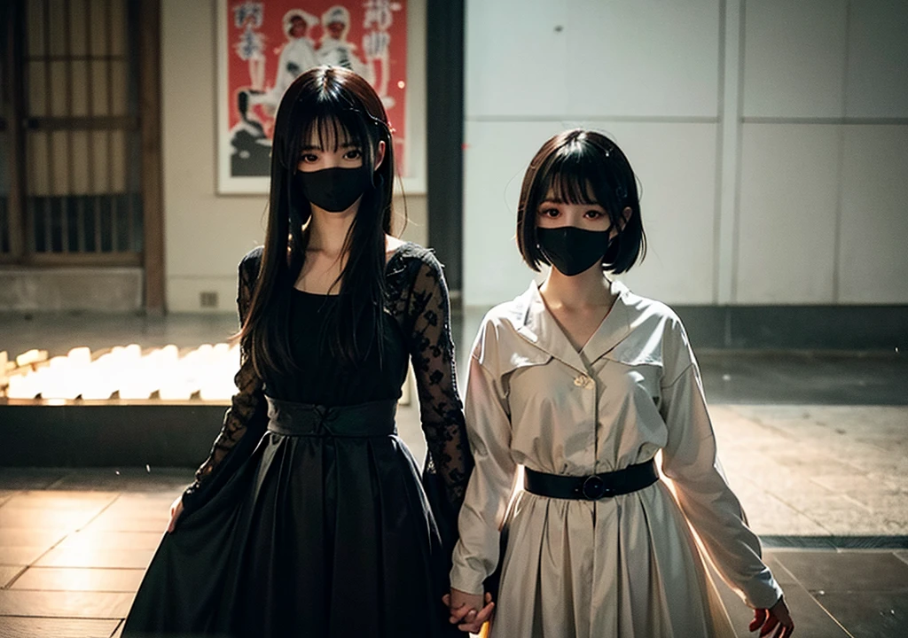 2 korean girls, (holding knife, black surgical mask), stabbing, black leather gloves, entrance of the house, black raincoat, girl only, bloody knife, leather gloves, looking at viewer, white room, blood splatter, night, mass murderer, killer, blood splatter, bloody room
