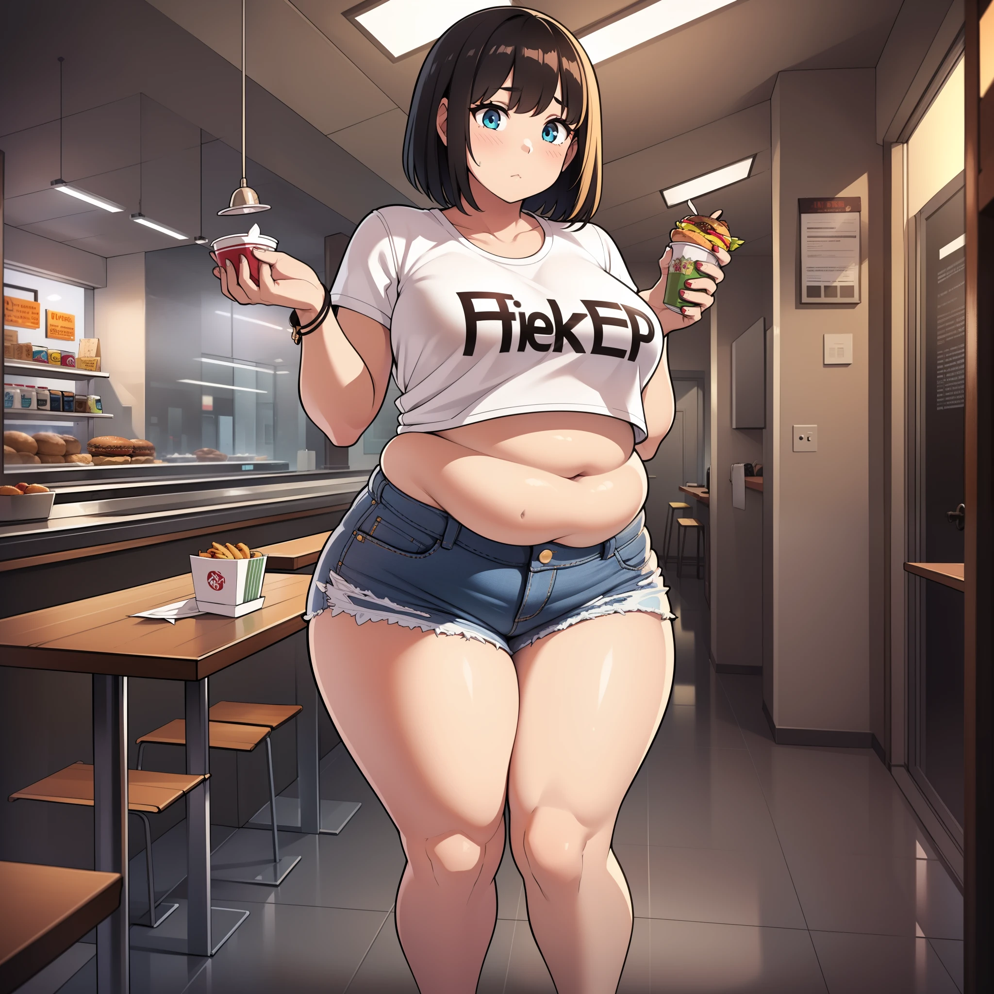 ((highres)), Masterpiece, high quality, best quality, beautiful, perfect lighting, detailed face, ultra cute face, ((3girls)), one girl has blonde hair, blue eyes, crop top and shorts, skindentation, one girl has brown hair, green eyes, jeans, white shirt, tight clothes, one girl has, Short black hair, brown eyes, crop top and shorts full body, fast food restaurant, medium breasts, ((wide hips)), (thick thighs), ((plump)), chubby belly, fat folds, standing,
