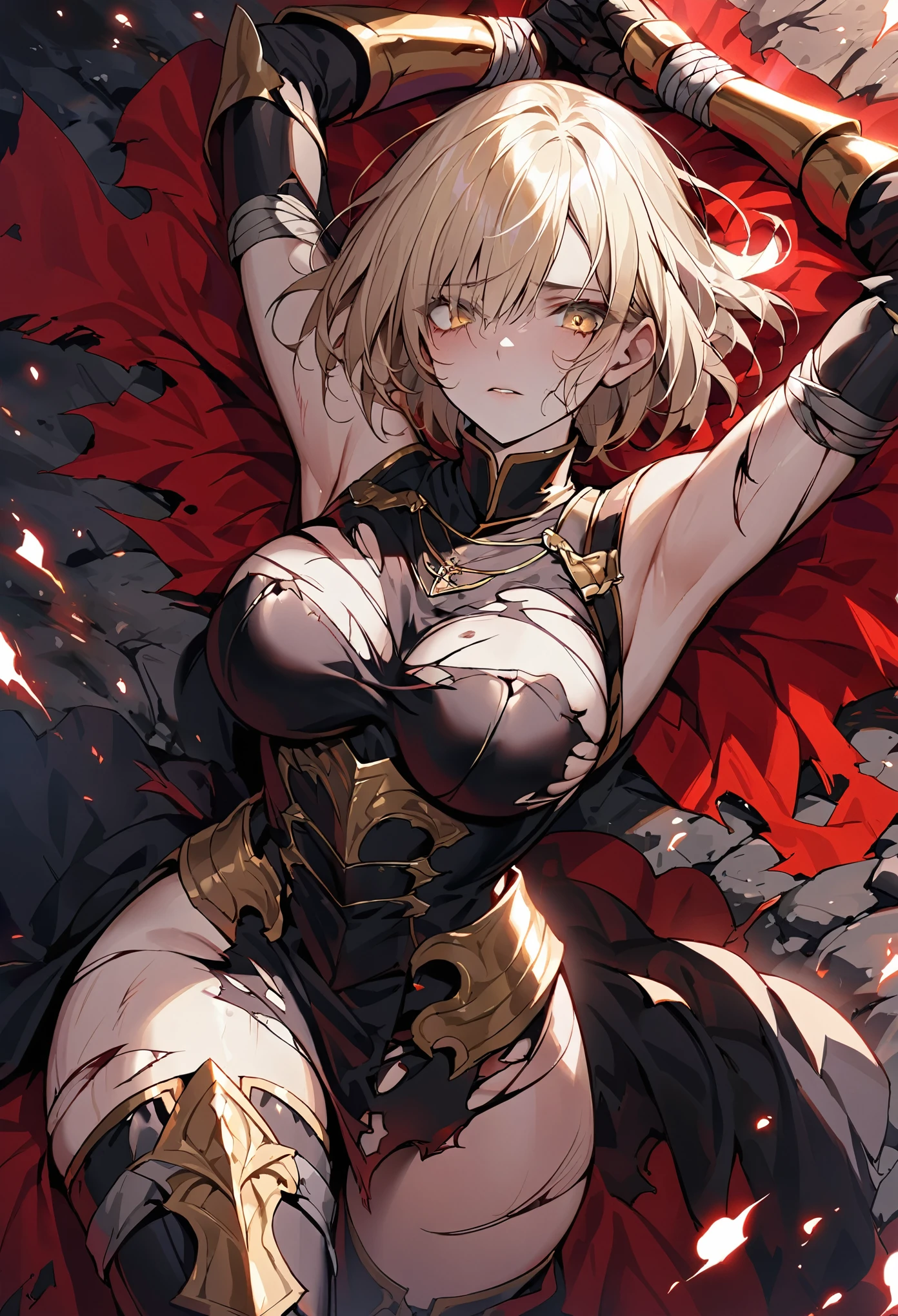 Solo, female, sfw, short blonde hair, extremely tall, large woman, golden eyes, black military uniform, red cape, battlefield, muscular, leather gloves, armor, night, medieval, torn clothes showing skin, defeated, lying on the ground, close up, arms above head, thigh boots, bound hands, wounded