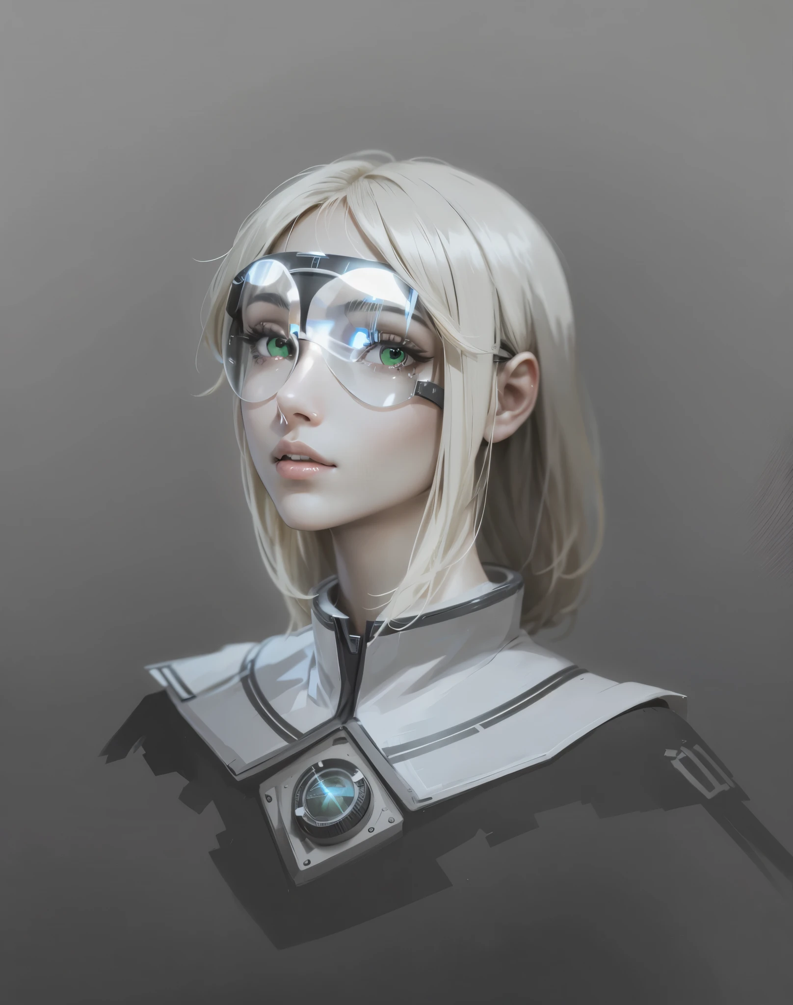 absurd decision, A high resolution, reflection, fracture:1.4 super detailed:1.0 (illustration, drawing lines), masterpiece, scientist, woman 30 years old, Arab, green eyes, short bangs, hair (blonde upstairs, it's dark below, strands in front), wide mouth, big lips, portrait, scientific suit (Polyester, Synthetics), dark skin,