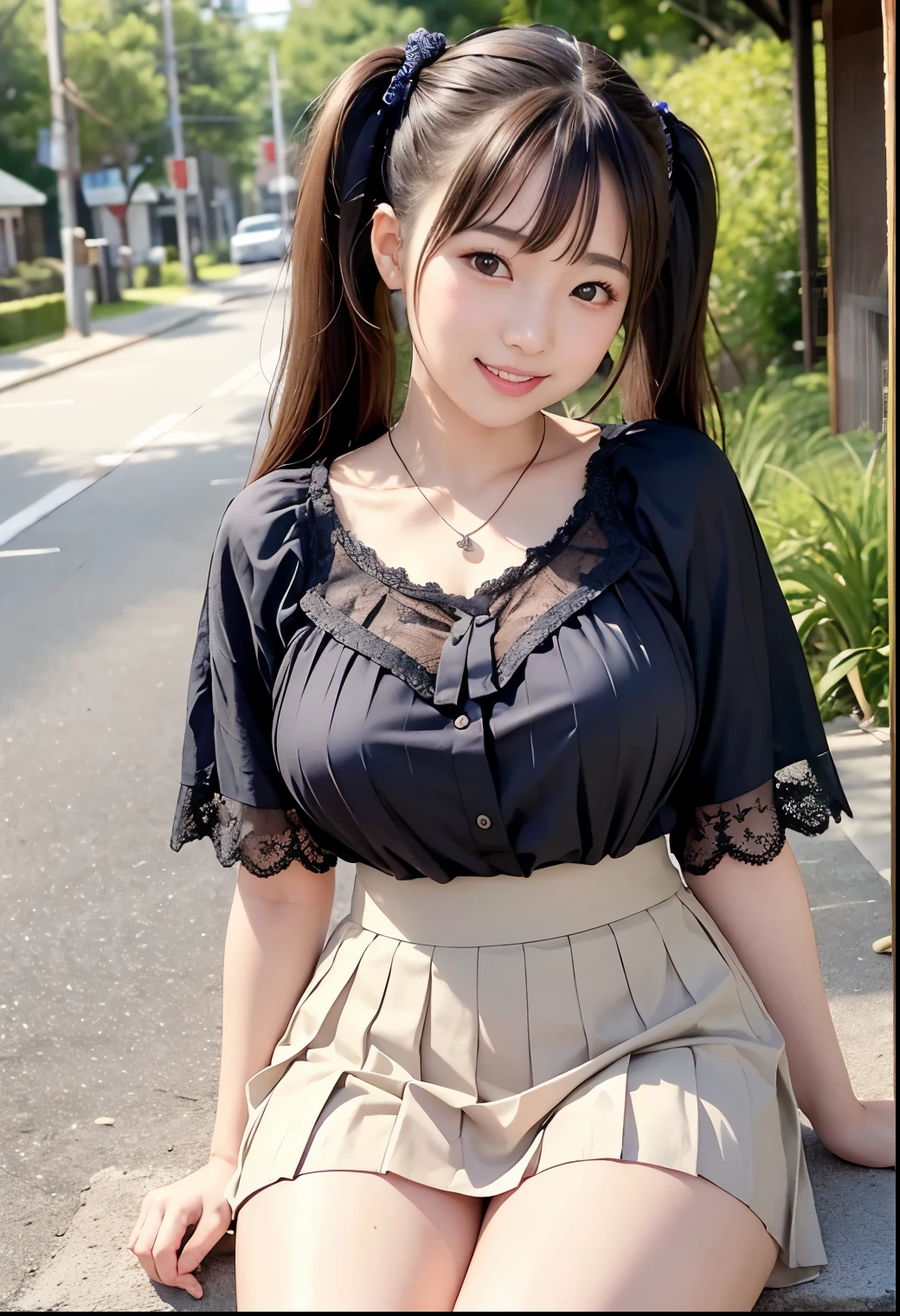 (Highest quality,masterpiece:1.3,Ultra-high resolution),(Very detailed、Caustics) (Realistic:1.4, RAW shooting、)Ultra-Realistic Capture、Very detailed、Natural skin texture、masterpiece、(Japanese woman wearing a lace blouse and pleated skirt:1.3), Adorable expression、Expressions of happiness、************、height: 160cm、Young Face、Amazingly cute、Twin tails、Straight hair、Scrunchie、Black Hair、Heavy makeup、necklace、H-cup busty、Shining thighs、Skin Arm、Background details、smile、An inviting gaze、Anatomically correct、Cowboy Shot、Attention to detail、Photographed on the main street of a summer resort、Sexy pose