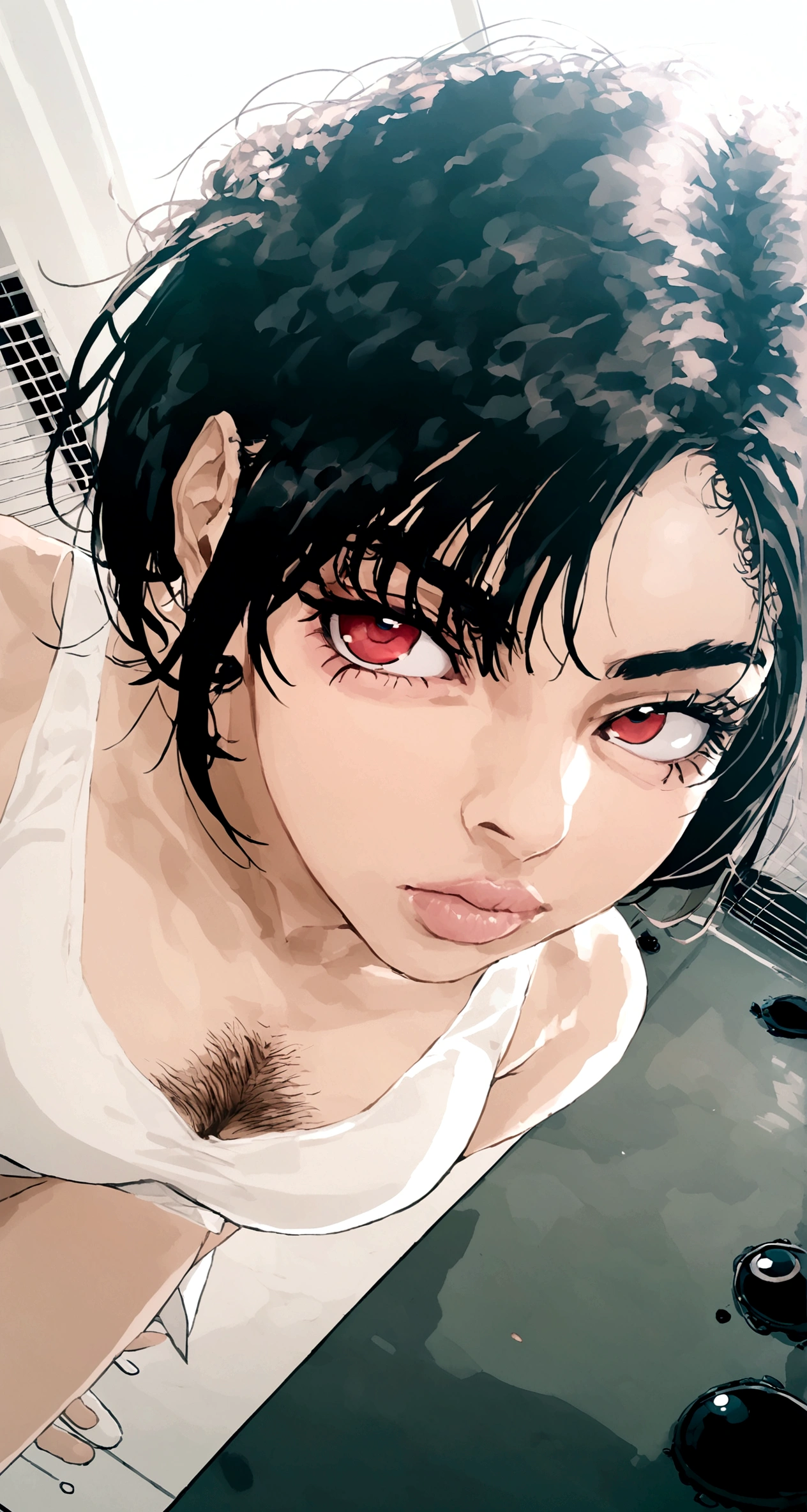 tifa ff7, eyeballs, eyeballshadow, pupils, eyebrows, nase, lips, teeths, face, body hair, long body hair, 1 girl, standing alone