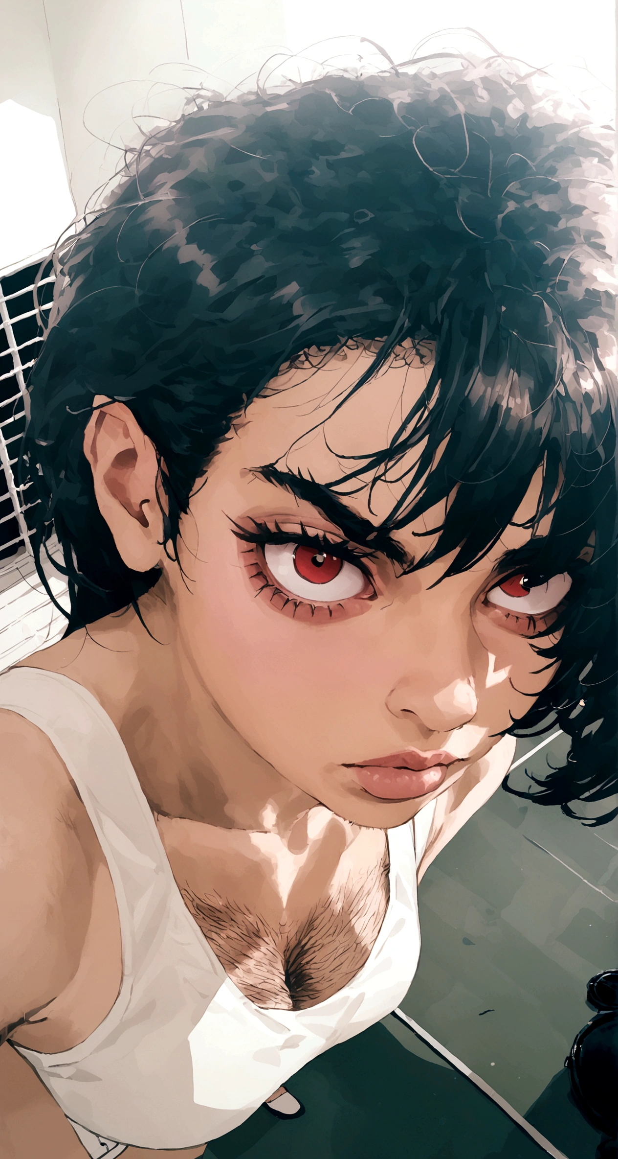 tifa ff7, eyeballs, eyeballshadow, pupils, eyebrows, nase, lips, teeths, face, body hair, long body hair, 1 girl, standing alone