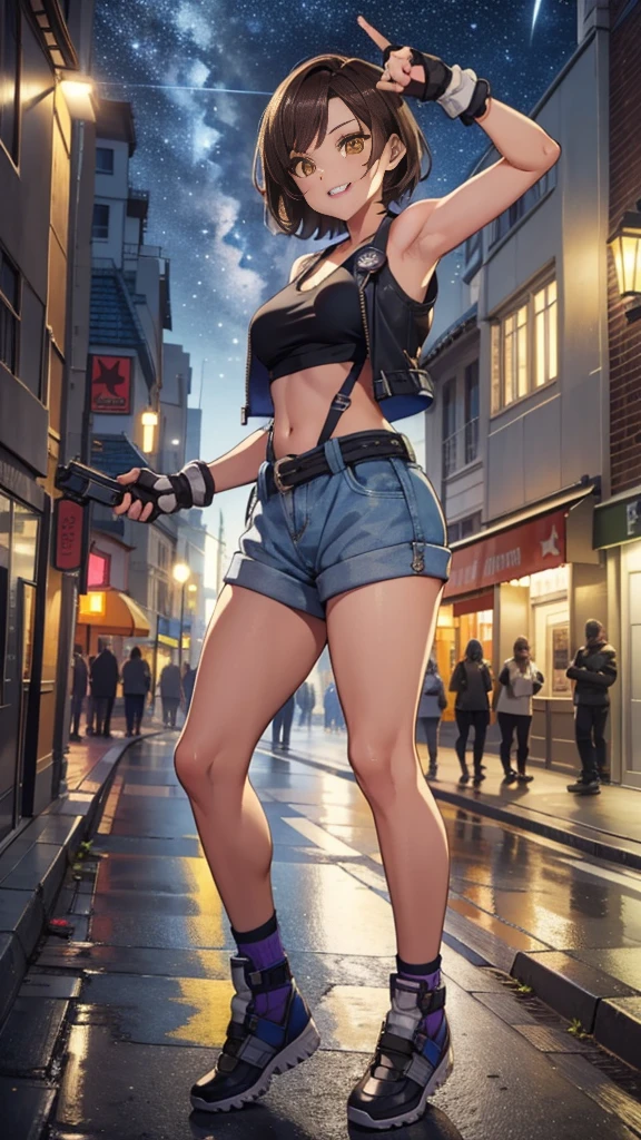 street dancer,  short hair, brown hair, yellow glowing eyes, perfect lips,big smile , confident smile,cute expression, cute face, cute pose, fingerless gloves, gun, tank top, jacket, cute pose, ultra detailed face, long eyelashes, sharp eyes , Fullbody shot, dinamic viewer, night sky, 3d render style