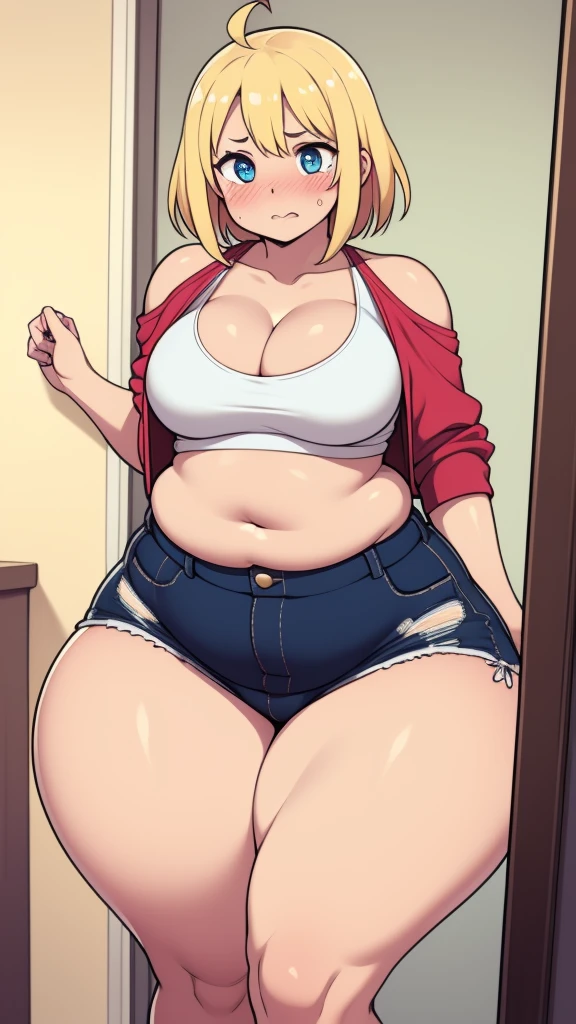((highres)), Masterpiece, high quality, best quality, beautiful, perfect lighting, detailed face, ultra cute face, ((1girl)), ((solo)), ((blush)), embarrassment, blonde hair, fluffy hair, blue eyes, crop top and shorts, tight clothes, clothes store, medium breasts, cleavage, perky breasts, (wide hips), ((thick thighs)), (chubby), fat folds, belly hang, 