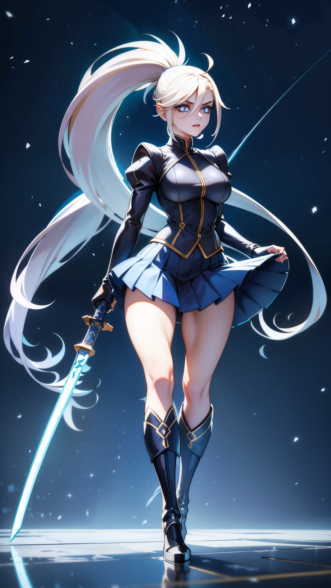 1 girl, ultra long hair, ultra detailed face, glowing lips, glowing blue eyes, very long ponytail, elegant walk, catwalk, holding down a  giant katana, blonde, long eyelashes, long boots , looking to the sky, starry sky, a ultra giant katana, 3d render style,