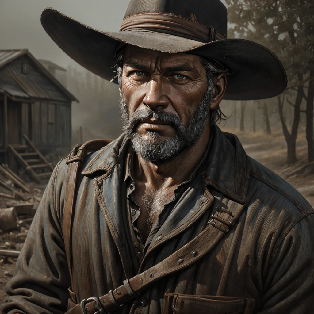 Portrait of a former coal miner in the 19th century, beautiful painting with highly detailed face by greg rutkowski and magali villanueve, in the wild west, outdoor photography, 16K