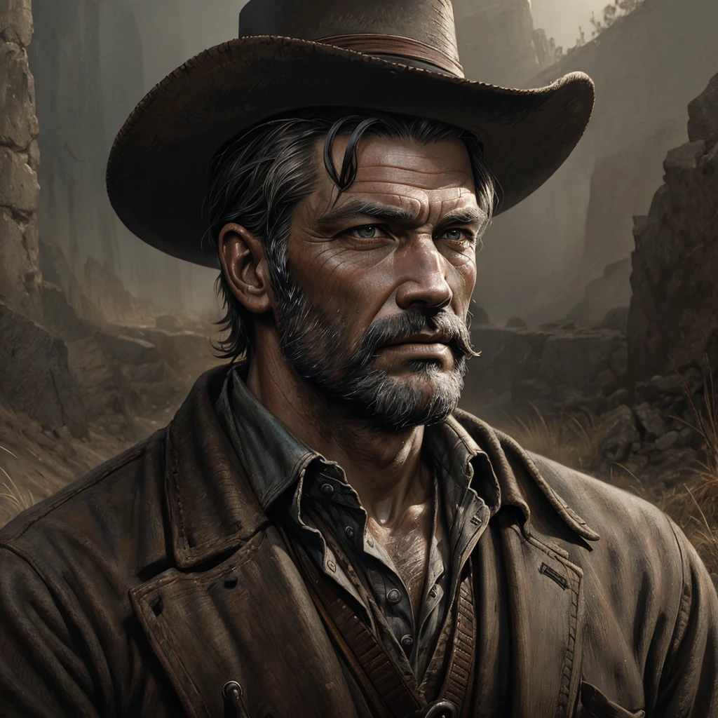 Portrait of a former coal miner in the 19th century, beautiful painting with highly detailed face by greg rutkowski and magali villanueve, in the wild west, outdoor photography, 16K