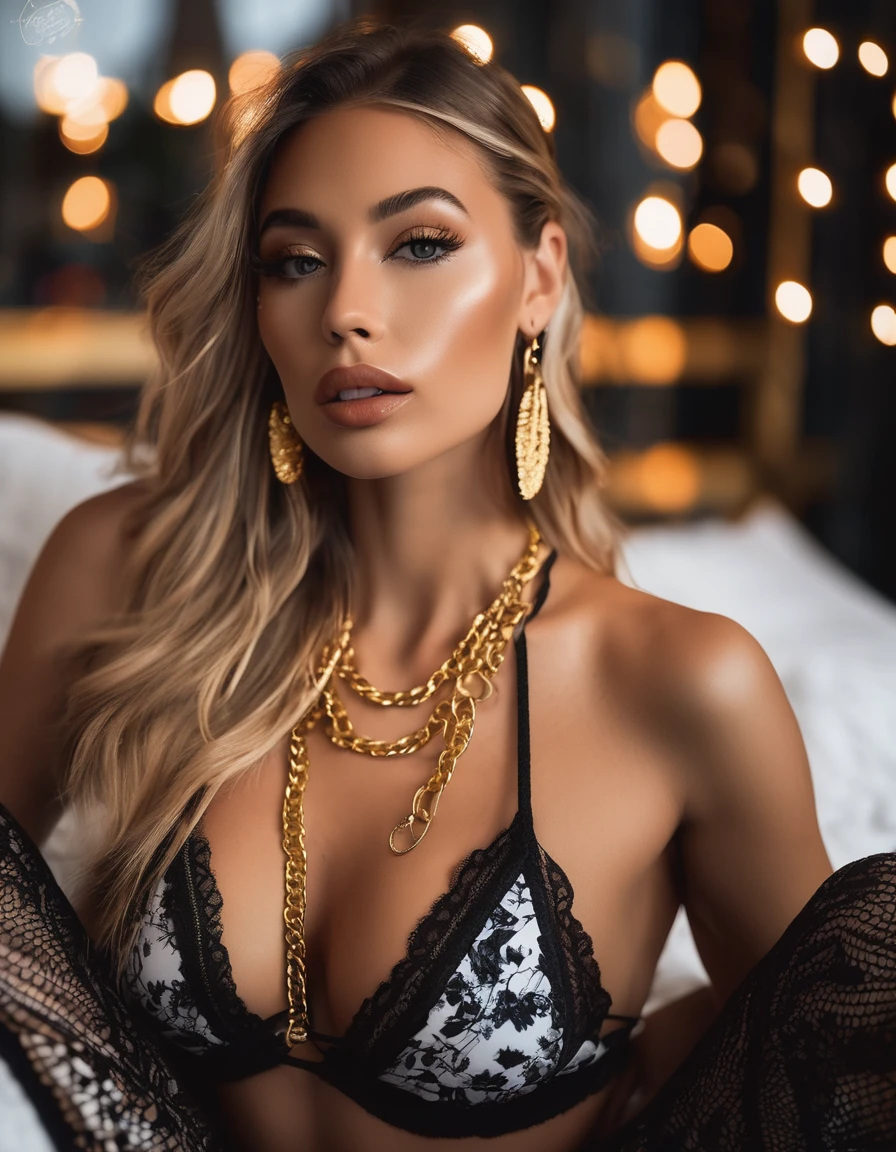 (best quality,4k,highres, highres face details), blonde long pony tail hair, 18 years old, instagram model, 36DD fake breast, fake lashes, fake lips, dark makeup, perfect skin, tan skin, she is skinny, she is caucasian, she is wearing a black and white sexy lace lingerie set, gold chain, gold earring, whole body image, taking a pose, posing, no exposed breast, no exposed vagina, night time, she is in miami beach, in her bed, golden hour, whole body pictures