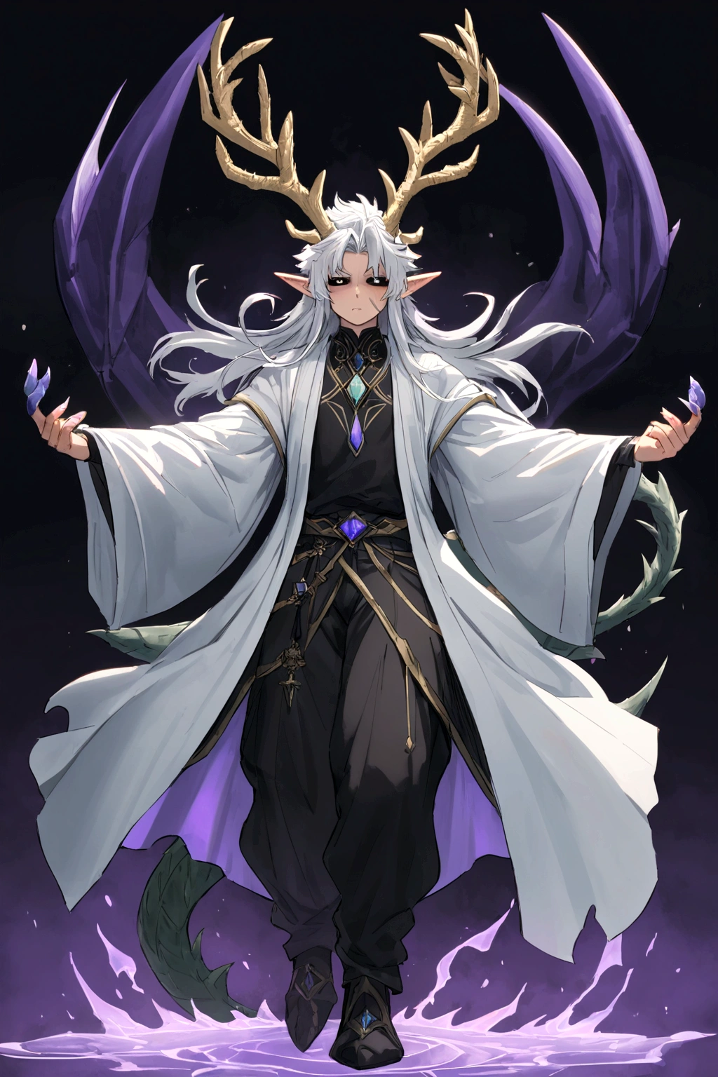 Solo, male teen, Character fusion: Nibelung fused with nidhoggr, odin and sun wukong, tall tanned man with wild unruly white hair, bangs on face, bangs, ((iridescent irises)), black sclera on eyes, long voluminous hair, spiky hair, pointy ears, fit , clawed fingers, dragon tail, open haori, turtleneck tanktop, dark crystal antlers, exhausted expression, khaenr'ah abyss, draconic person, s9vereign of the abyss, calamity incarnate,  full body