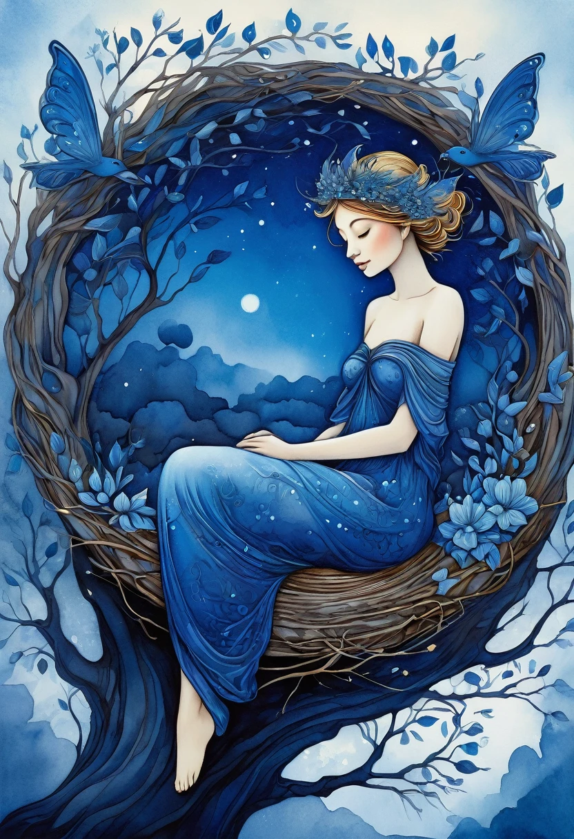 A captivating alcahol ink art illustration in indigo and dark blue hues, reminiscent of Tara Turner and Sarah Hughes' styles. It depicts an ethereal pixie asleep in a bird's nest on a tree branch.  The pixie has delicate wings and wears a crown made of flowers. The serene and mystical landscape features a soft misty backdrop, The overall composition is otherworldly and enchanting, evoking a sense of wonder and magic., painting, illustration