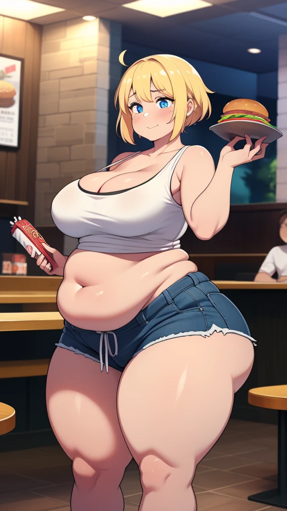 ((highres)), Masterpiece, high quality, best quality, beautiful, perfect lighting, detailed face, ultra cute face, ((1girl)), ((solo)), ((blush)), embarrassment, one girl has blonde hair, blue eyes, crop top and shorts, tight clothes, fast food restaurant, medium breasts, cleavage, perky breasts, (wide hips), ((thick thighs)), fat ass, (chubby), fat folds, belly hang, standing next to each other, hand grabbing belly,