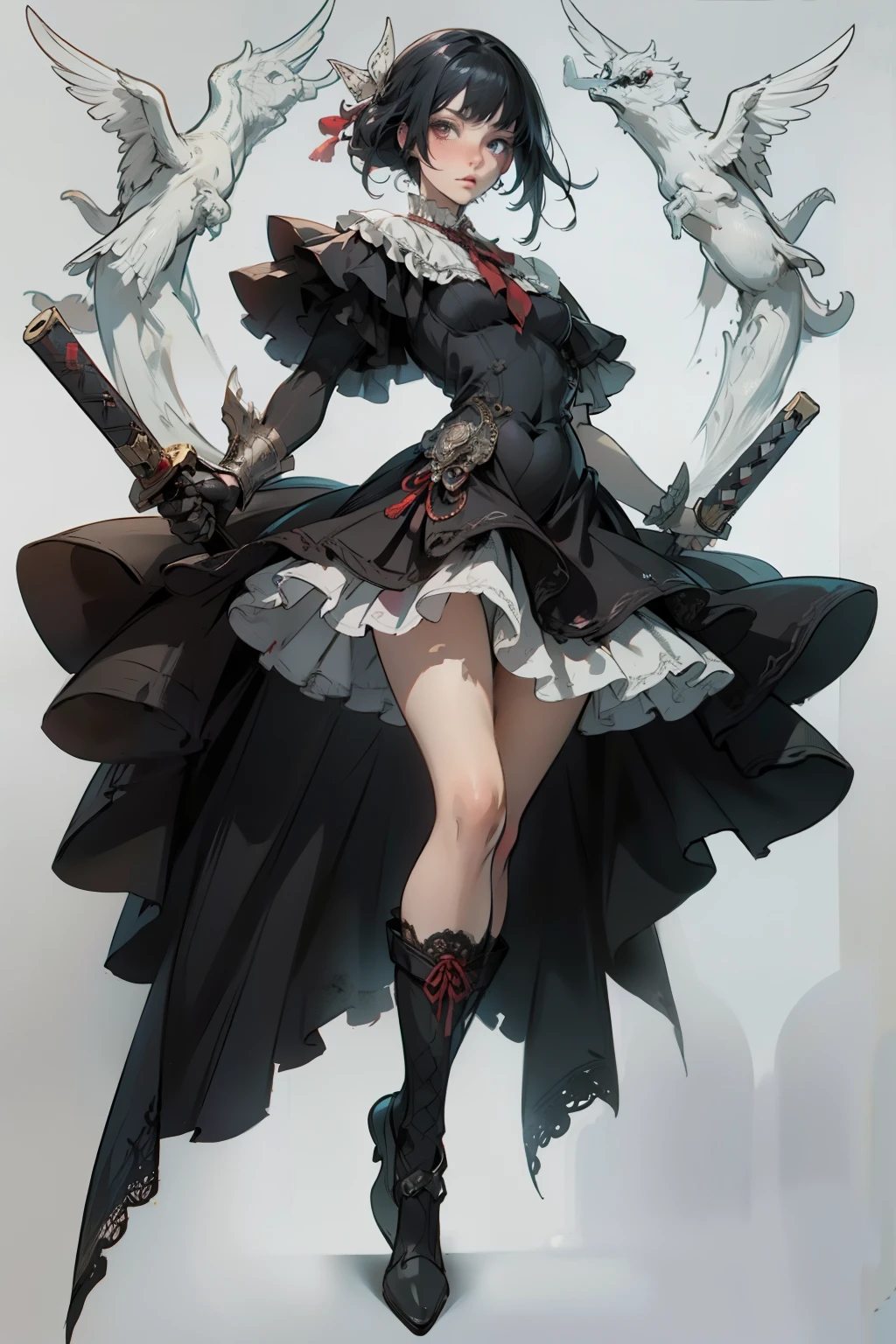 ((best quality)), ((masterpiece)), (detailed), blank white background, plain background, white background, red and white clothing, Bloodborne inspired, occult aesthetic, occult, detailed and intricate steampunk and detailed gothic, NSFW, Very dramatic and cinematic lighting, cosmic horror, grim-dark, side-lighting, perfect face, NSFW, Fluttering lace flared long knee length dress with frilly petticoats, knee length dress, pleated petticoats, lolita dress, petticoats gothic lolita, complex lace boots, side-lighting, gothic lolita aesthetic, wielding a mighty sword with mechanical components, carbine, NSFW, beautiful small breasts, small breasts, full body, whole body, body, plain background, white background, blank background, no background, white background NSFW, full body, whole body, head-to-toe NSFW