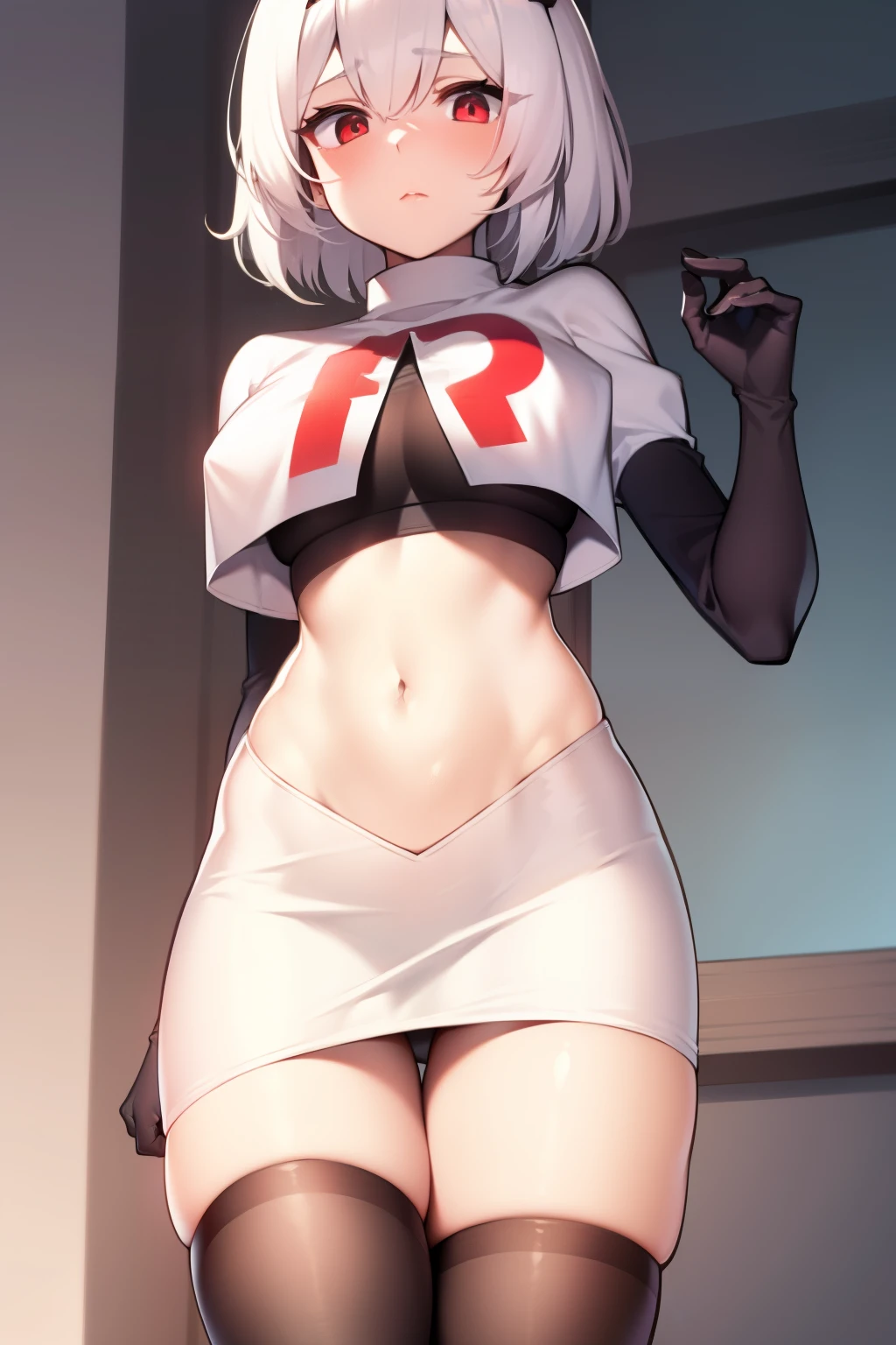 sirius (azur lane),white hair,red eyes,1girl,short hair,headband,team rocket,team rocket uniform,white skirt,red letter R,crop top,black thigh-highs,black elbow gloves