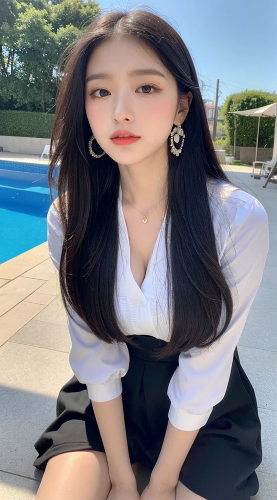1 girl, beautiful detailed eyes, beautiful detailed lips, extremely detailed face and eyes, long eyelashes, black straight hair, blue eyes, pretty, sitting on a chair, voluptuous, big chest, skinny but curvy, wearing a puffy sleeved uniform, jewelry, 3D, (best quality,4k,8k,highres,masterpiece:1.2),ultra-detailed,(realistic,photorealistic,photo-realistic:1.37), dramatic lighting, vibrant colors, intricate details, elegant, fantasy, concept art