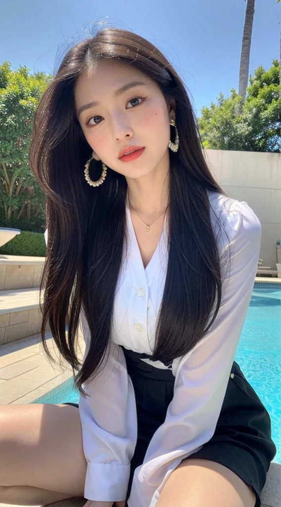 (best qualityer, 8K, Masterpiece artwork:1.3)), A pretty maiden,puros,melon seed face,Kind and cute,Um dolce sorriso,Pure Desires,Lean height,(The street),(Tilt your head),looking directly at the camera,uniforms, inner strength, formal,Long silky black, slickedback hair,Long hair falling over the shoulders,The large, round-cropped, 黑The eye,big and clear eyes,Hydrated red lips,dolce,gorgeous necklace,delicate earrings,Sitting on the edge of the pool,com blue sky e nuvens brancas,blue sky , big boobies , breasts showing , no censure , porn , HAVING SEX