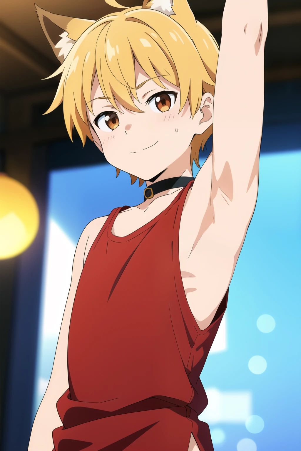 Highres, Masterpiece, Best quality at best,Best Quality,hight quality, hight detailed, Anime style, 1boy, Boy, Little boy, Shota, Fox boy, Fox ear, Solo person, Tank top, Choker, soccer, day, Slim body, smile, Body, blurry background, Seen from the front, The armpits of a 12 year old boy, Adorable little armpits, (Showing armpit:1.3), (very young boy), (very small and short body), Age 12,Uhd, bokeh