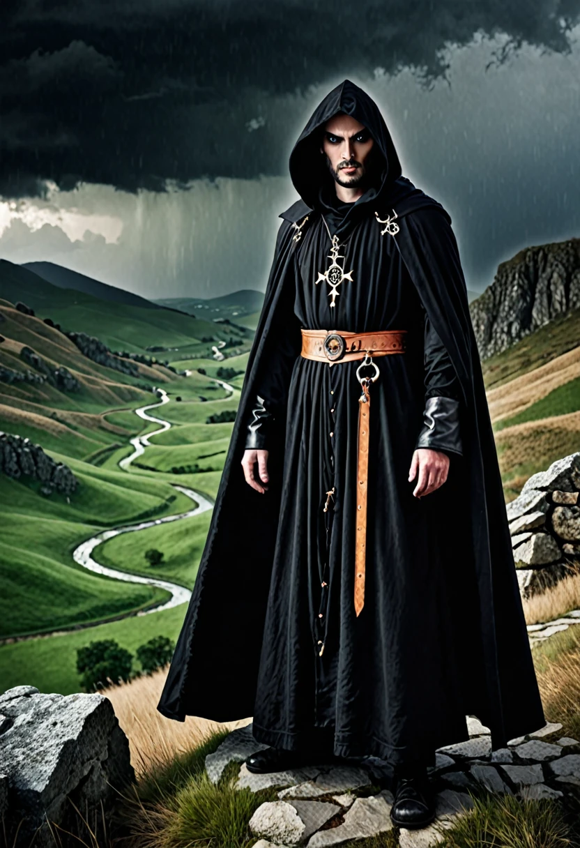 An evil male cultist in a medieval fantasy setting. He is a cultist of nightmares. Wearing black robe. In an stormy landscape. Hills.
