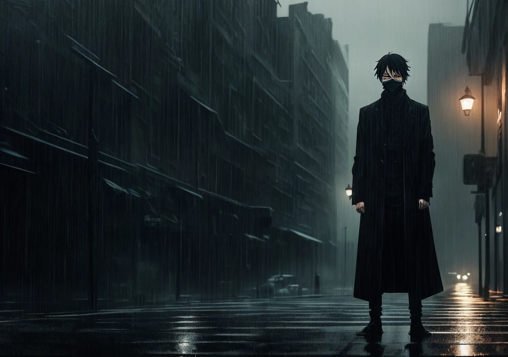 "Create an anime-style image that captures the emotional depth and contrasting themes of the song. The scene should feature a dark, rainy urban environment with deep shadows and muted colors. In the foreground, a character with visible red scars on their wrists stands in a contemplative pose, half-hidden in the shadows. Their face is partially obscured by a mask, symbolizing the duality of their public facade and private pain. Surrounding them, incorporate subtle, moody lighting and rain effects to evoke a sense of inner turmoil and silent screams. The overall aesthetic should blend traditional anime art with a melancholic and dark, yet visually striking atmosphere."