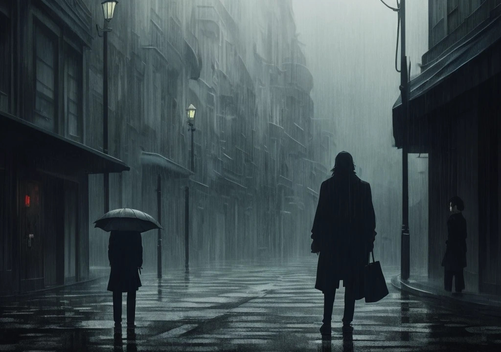 "Create an anime-style image that captures the emotional depth and contrasting themes of the song. The scene should feature a dark, rainy urban environment with deep shadows and muted colors. In the foreground, a character with visible red scars on their wrists stands in a contemplative pose, half-hidden in the shadows. Their face is partially obscured by a mask, symbolizing the duality of their public facade and private pain. Surrounding them, incorporate subtle, moody lighting and rain effects to evoke a sense of inner turmoil and silent screams. The overall aesthetic should blend traditional anime art with a melancholic and dark, yet visually striking atmosphere."