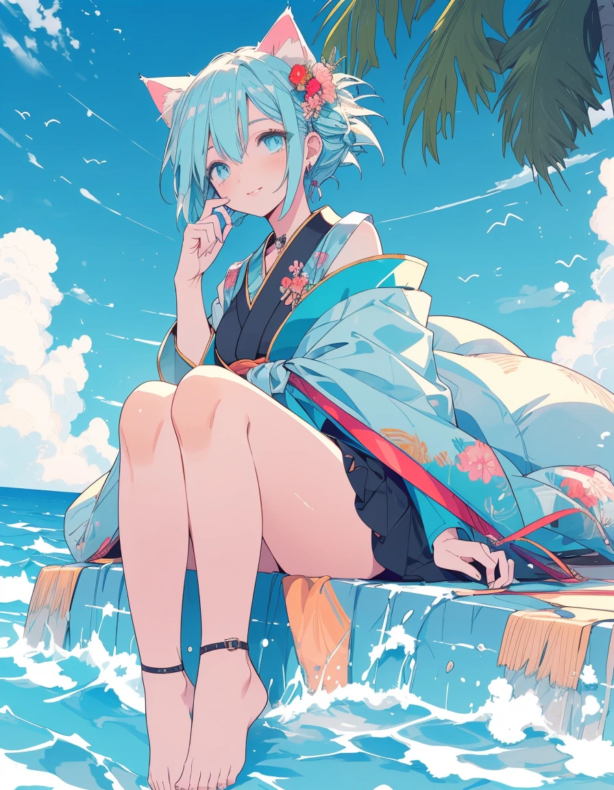 Japanese gal, smile, wink, one closed eye, full body, ((masterpiece, best quality:1.5)), ((Beautiful detailed cat aqua eyes:1.2)), cat ears, pale skin, medium breasts, beautiful hands, beautiful fingers, EasyNegative