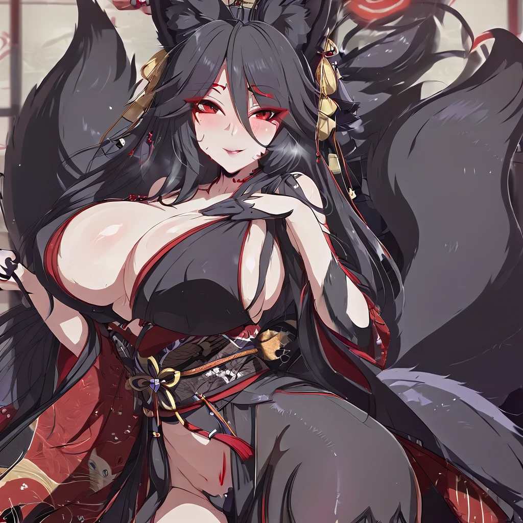 Beautiful black Kitsune, red eyes, highly detailed face, highly detailed eyes, big breasts, sexy figure, mature woman, several black kitsune tails, soft long Black Kitsune ears, Wearing red and black open shoulders kimono, wide waist