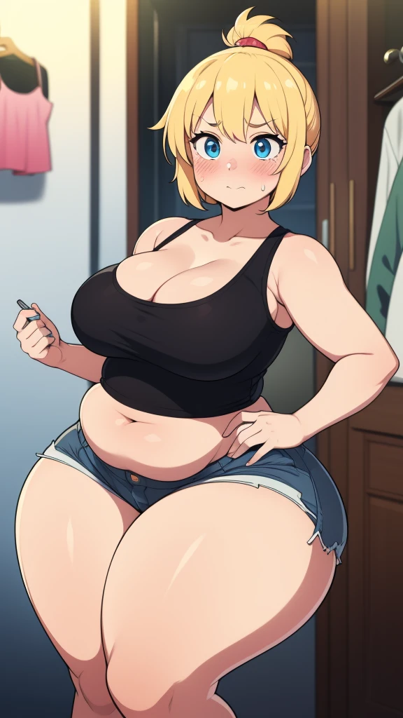 ((highres)), Masterpiece, high quality, best quality, beautiful, perfect lighting, detailed face, ultra cute face, ((1girl)), ((solo)), ((blush)), embarrassment, blonde hair, fluffy hair, blue eyes, crop top and shorts, tight clothes, clothes store, medium breasts, cleavage, perky breasts, (wide hips), ((thick thighs)), (chubby), fat folds, belly hang,