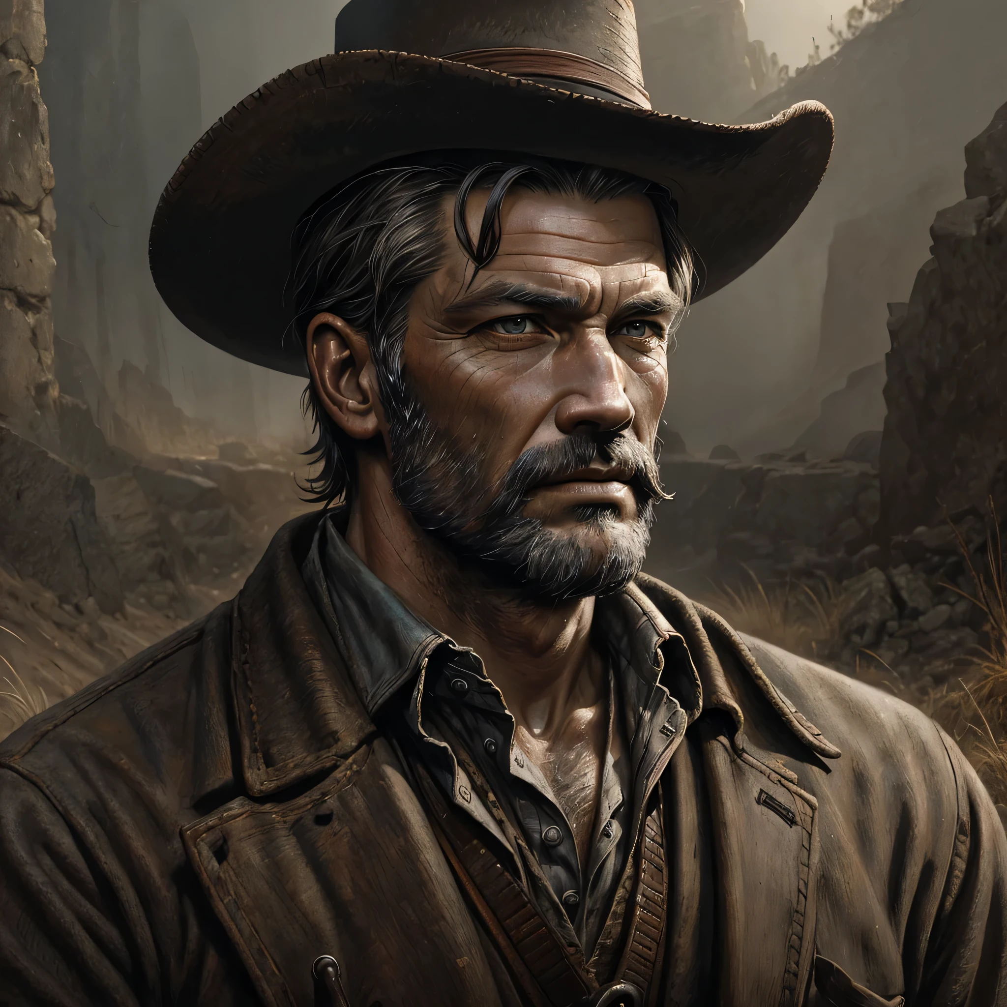 Portrait of a former coal miner in the 19th century, beautiful painting with highly detailed face by greg rutkowski and magali villanueve, in the wild west, outdoor photography, 16K