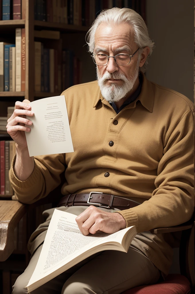 Create an image of Don Quixote reading a book with a realistic image library background