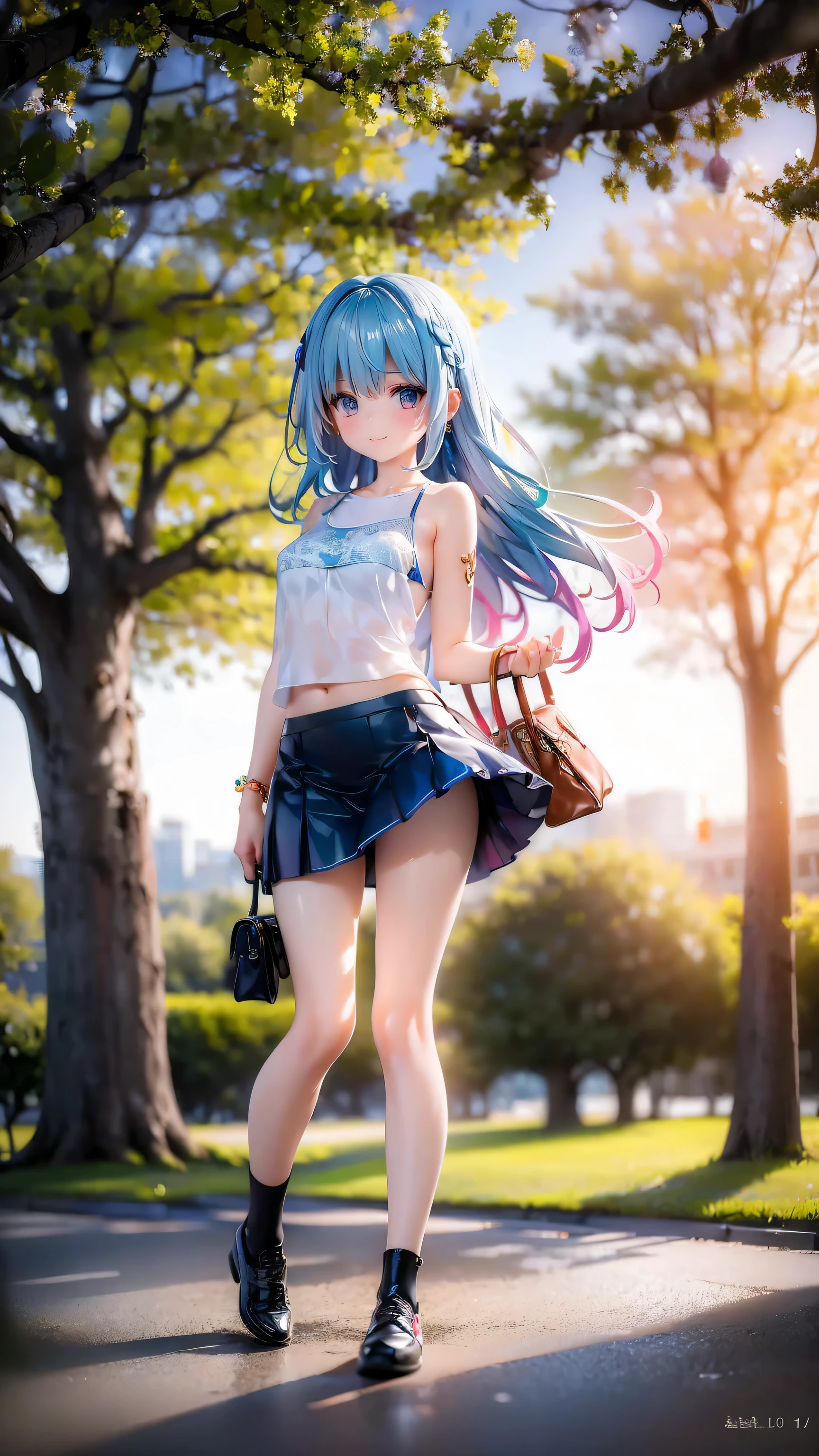 very cute 10 year old girl(2 people)is having a pleasant walk in the park、Tank top、mini skirt、Long Hair、Slim body、Beautiful legs、Beautiful body、high resolution、8K、(smile)