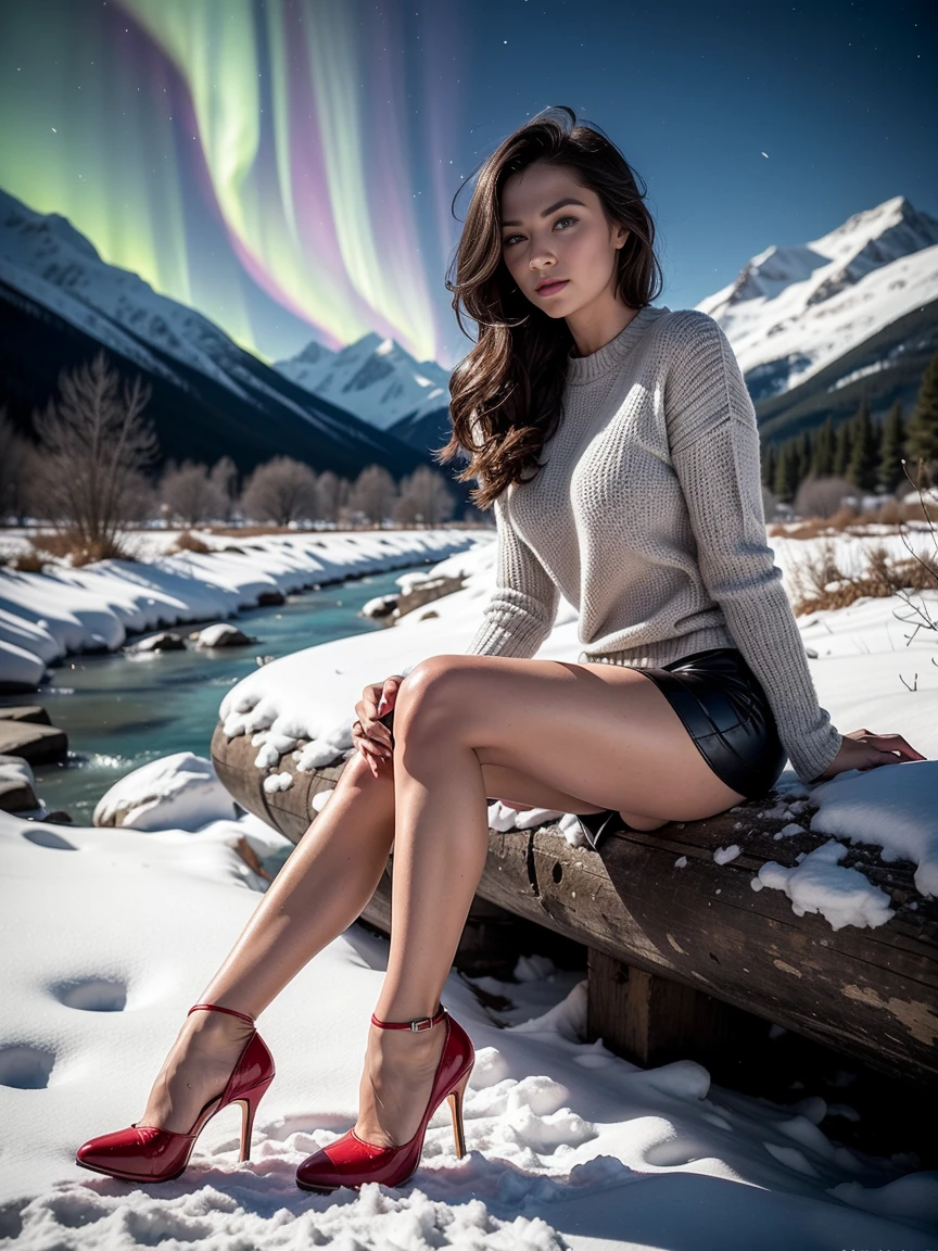 (Full body:1.5),(1 girl:1.3),(Show viewers:1.4),(Anatomy correctly:1.3),(Sitting by the stream of a snow-capped mountain:1.2), An ultra hot, beautiful European, Elena Alpha, Age 23, blond hair. She is a playmate, men magazine model. She has a subtle smile and flirts with the camera, Slim body. Slender legs, keen focus. perfect face.(light grey loose long sweater) Socks, (High heels red leather shoes with bows:1.1),(Precise and perfect face:1.3),hyper HD, Ray tracing, Reflective light, structurally correct, award-winning, high detailed, lighten shadow contrast, facial lighting ,cinematic lighting, masterpiece, Super detailing, good quality, high detailed, best quality, 16K,high contrast, starry winter night, Northern Lights.