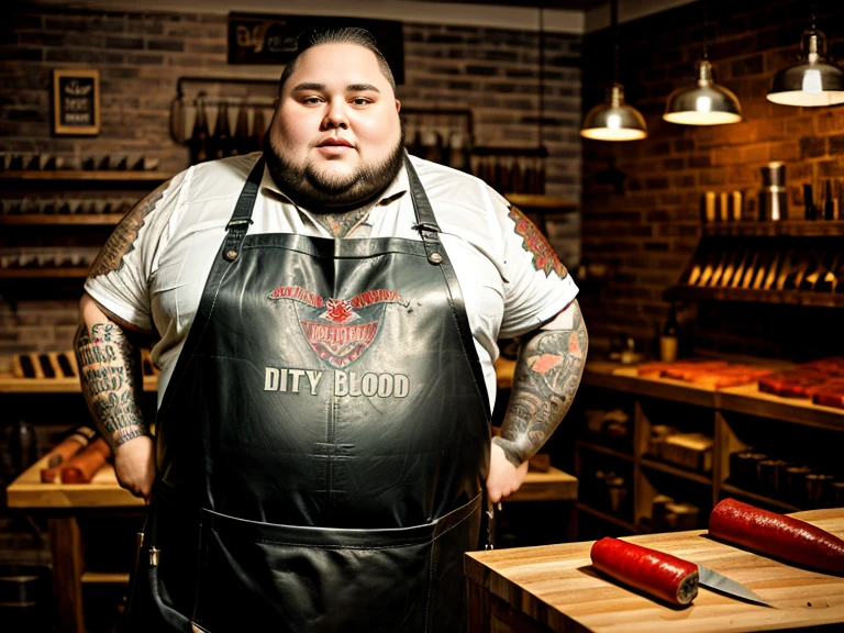 fat man butcher dirty blood tattoo apron leather big knives in butcher shop