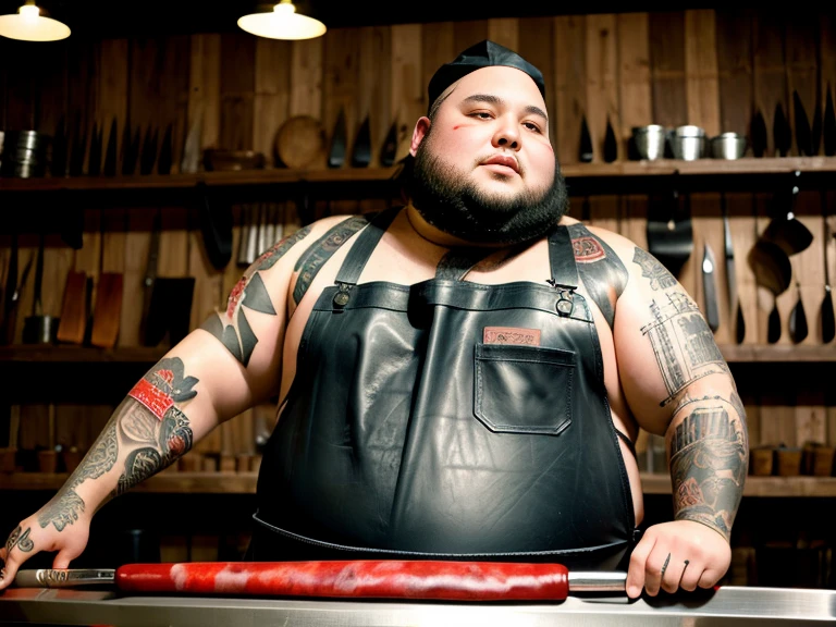 fat man butcher dirty blood tattoo apron leather big knives in butcher shop 