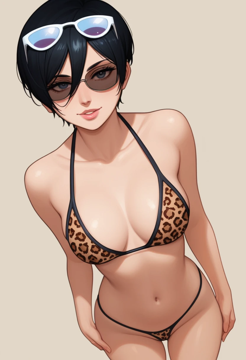 score_9_up, score_8_up, score_7_up, 1girl, solo, mature female, Mikasa, very short black hair, ((pixie cut)), dark grey eyes, pink lips, parted lips, fit slim body, ((perfect medium erected breast)), ((( leopard tight bikini with thong, sunglasses on her head))), rosy cheeks, wide hips, sand beach, looking at the viewer, naughty smile, (((standing and pulled down her thong and showing her unshaven pussy)))(((nude unshaven pussy))), wet body