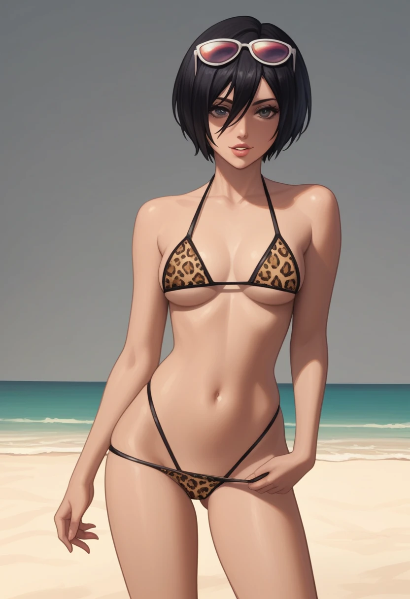 score_9_up, score_8_up, score_7_up, 1girl, solo, mature female, Mikasa, very short black hair, ((pixie cut)), dark grey eyes, pink lips, parted lips, fit slim body, ((perfect medium erected breast)), ((( leopard tight bikini with thong, sunglasses on her head))), rosy cheeks, wide hips, sand beach, looking at the viewer, naughty smile, (((standing and pulled down her thong and showing her unshaven pussy)))(((nude unshaven pussy))), wet body