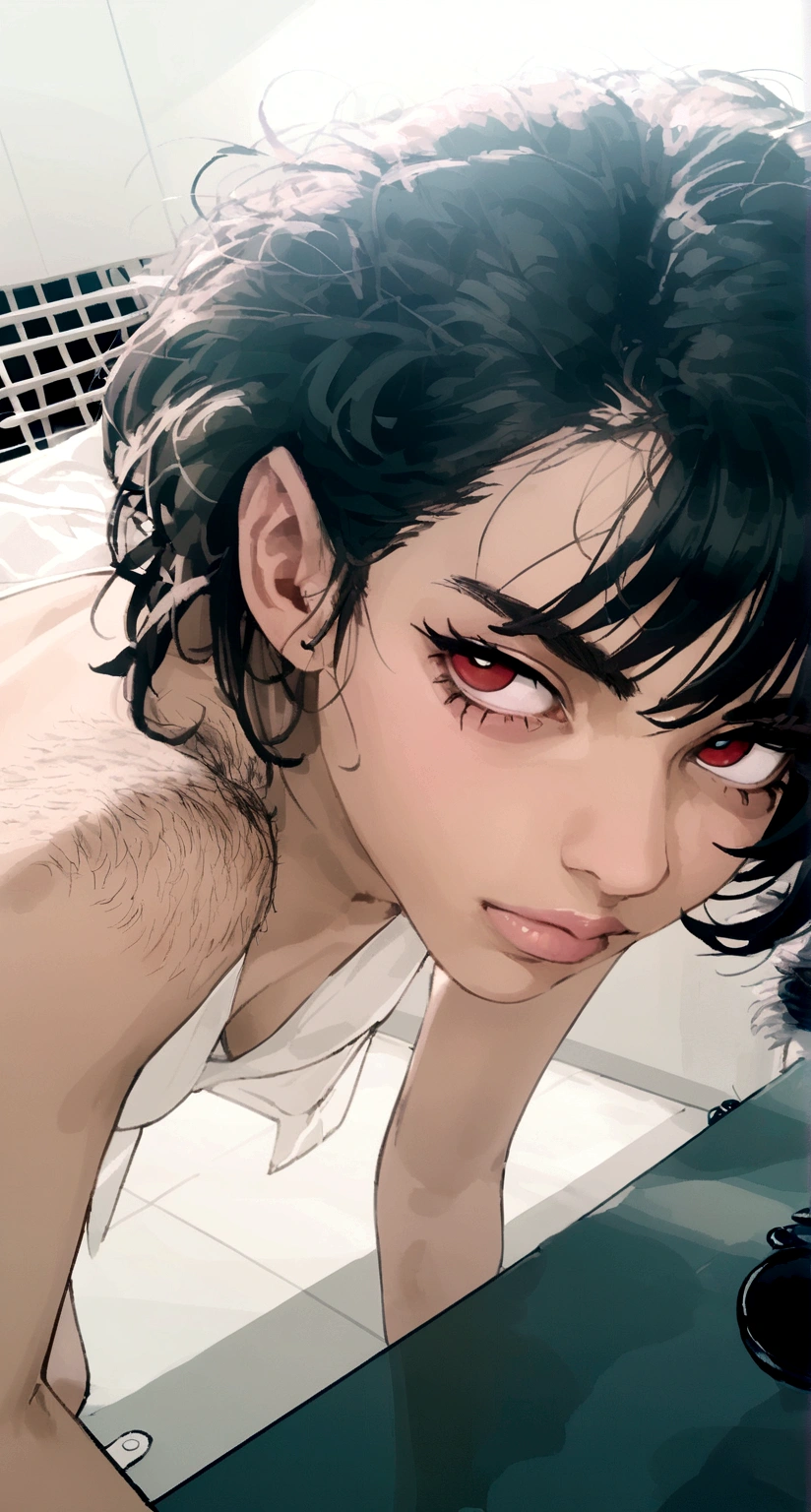 tifa ff7, eyeballs, eyeballshadow, pupils, eyebrows, nase, lips, teeths, face, body hair, long body hair, 1 girl, standing alone