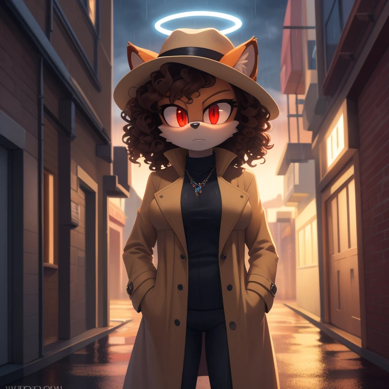 mobian, hedgehog, two-tone fur ((orange fur, brown fur)), breasts, hat, trenchcoat, open coat, hand in pocket, alleyway, wind, raining, dutch angle three-quarter portrait, background character, silhouette, two-tone hair (brown hair, black tip)), curly hair, halo, jewelry, red eyes, longeyelashes, glowing red eyes, serious face, high detail, masterpiece, UHD, anatomically correct, super detail, highres, 4K