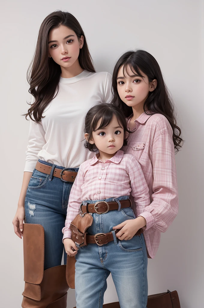 Disney Pixar Animated Poster, of a mom and her three kids with a black and white 90s hearts background, first small daughter long black hair, wearing a white shirt arms crossed, next to her is PLUS size mom, brown skin, black hair half ponytail, wearing a white t shirt, toddler son in front of her short dark hair, wearing a white t shirt, blue jeans, next to them is second small daughter wavy hair half ponytail, wearing a white tshirt, arms on table