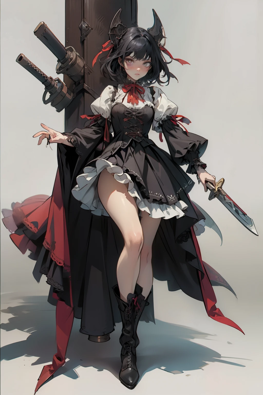 ((best quality)), ((masterpiece)), (detailed), blank white background, plain background, white background, red and white clothing, Bloodborne inspired, occult aesthetic, occult, detailed and intricate steampunk and detailed gothic, NSFW, Very dramatic and cinematic lighting, cosmic horror, grim-dark, side-lighting, perfect face, NSFW, Fluttering lace flared long knee length dress with frilly petticoats, knee length dress, pleated petticoats, ta dress, petticoats gothic lolicomplex lace boots, side-lighting, gothic lolita aetic, wielding a mighty sword with mechanical components, carbine, NSFW, beautiful small breasts, small breasts, full body, whole body, body, plain background, white background, blank background, no background, white background NSFW, full body, whole body, head-to-toe NSFW