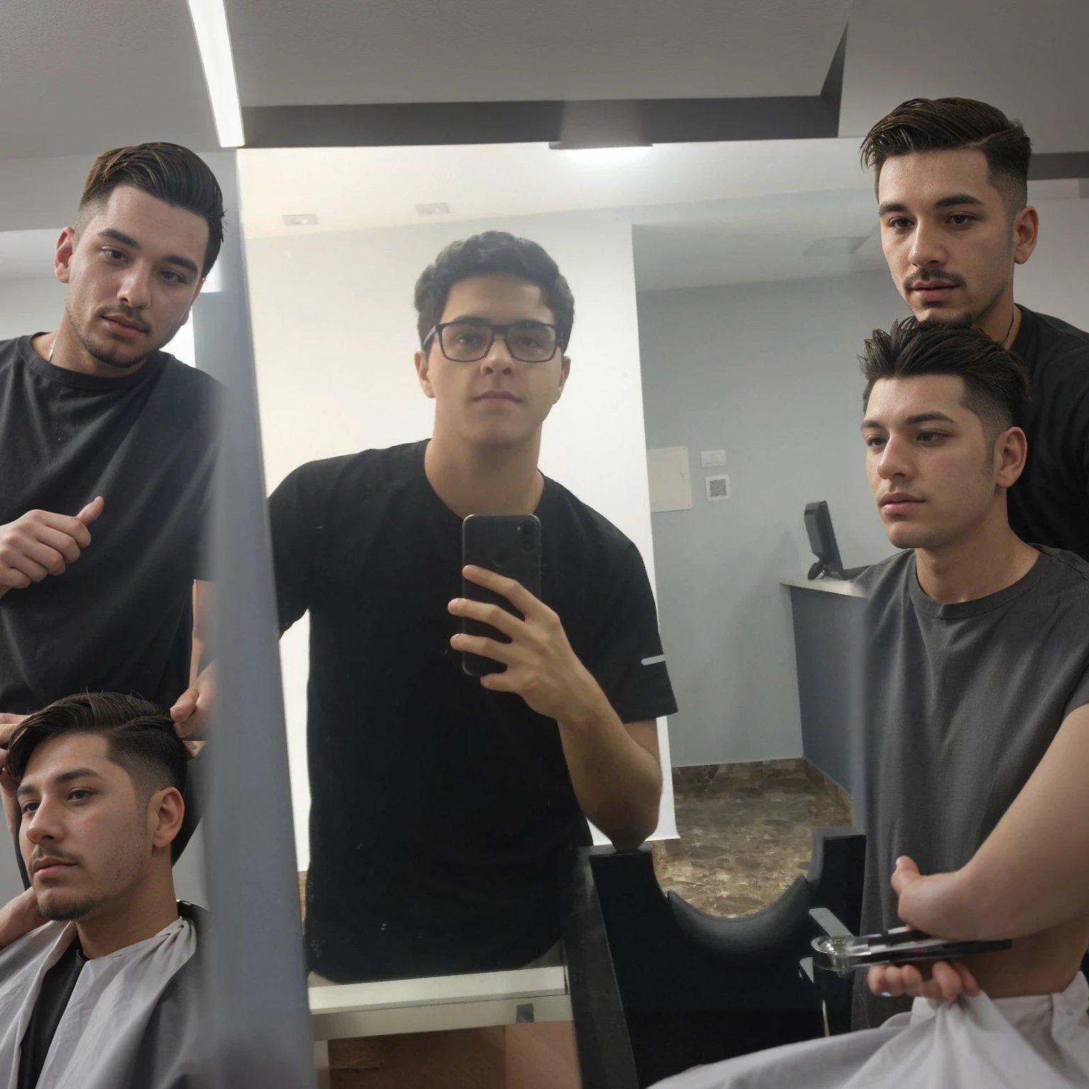 Inside a barbershop, with people getting their hair cut, a barber's mirror clear lighting