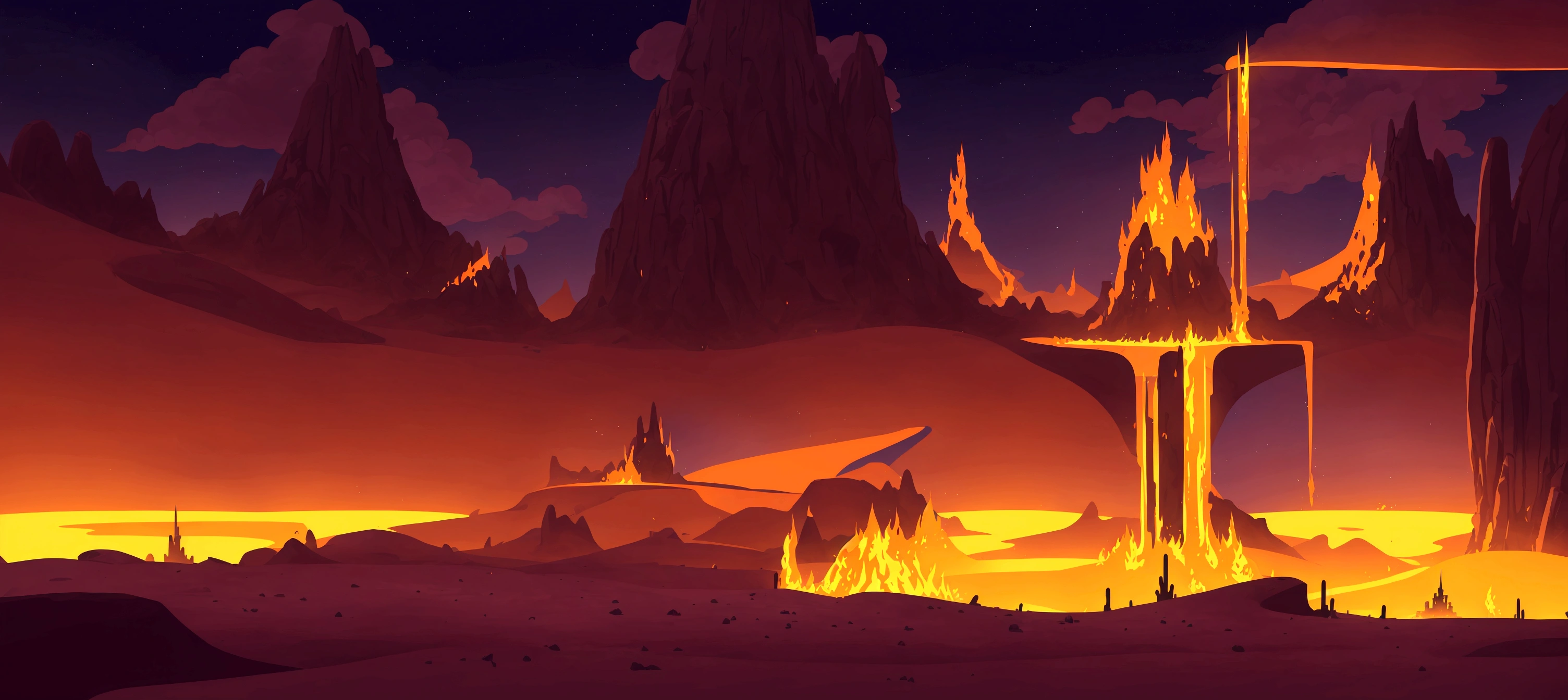 cartoon illustration of a desert with a tower and a fire, mobile game background, background artwork, firey environment, mobile game art, 2 d game art background, game illustration, background art, volcanic workshop background, stylized concept art, stylized game art, 2d game background, arena background, detailed game art, game background, 2d game art