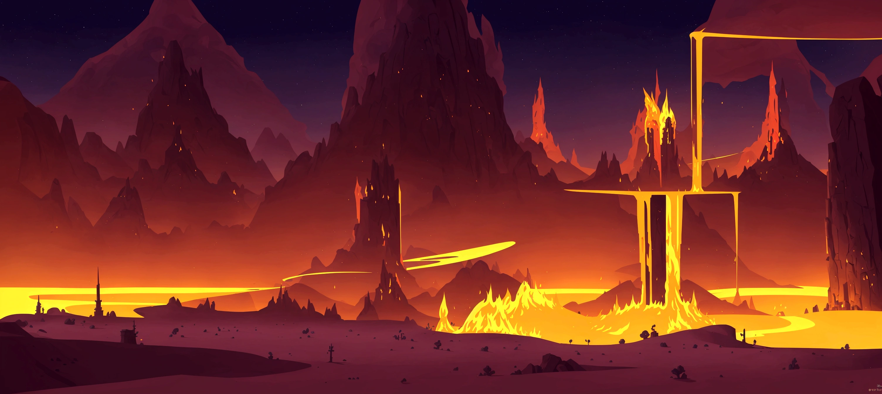 cartoon illustration of a desert with a tower and a fire, mobile game background, background artwork, firey environment, mobile game art, 2 d game art background, game illustration, background art, volcanic workshop background, stylized concept art, stylized game art, 2d game background, arena background, detailed game art, game background, 2d game art