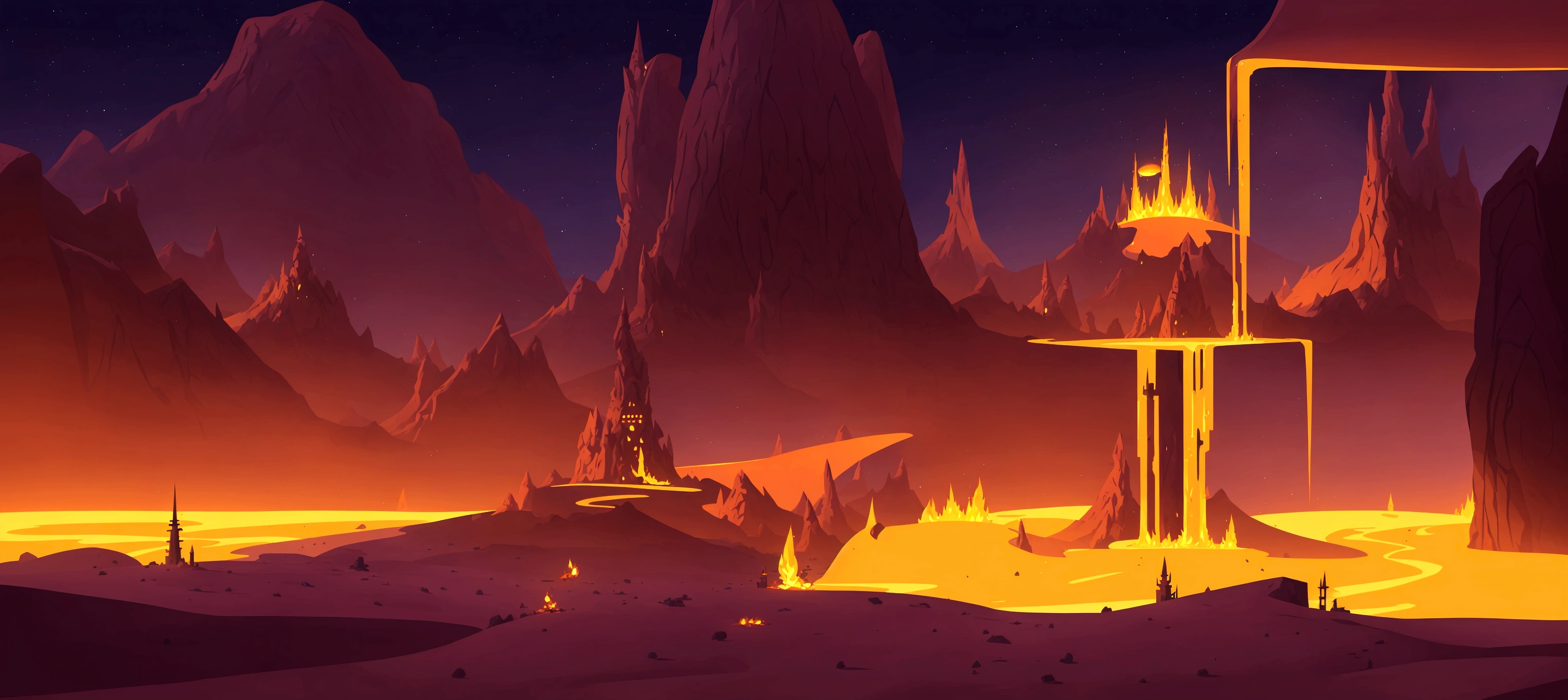 cartoon illustration of a desert with a tower and a fire, mobile game background, background artwork, firey environment, mobile game art, 2 d game art background, game illustration, background art, volcanic workshop background, stylized concept art, stylized game art, 2d game background, arena background, detailed game art, game background, 2d game art