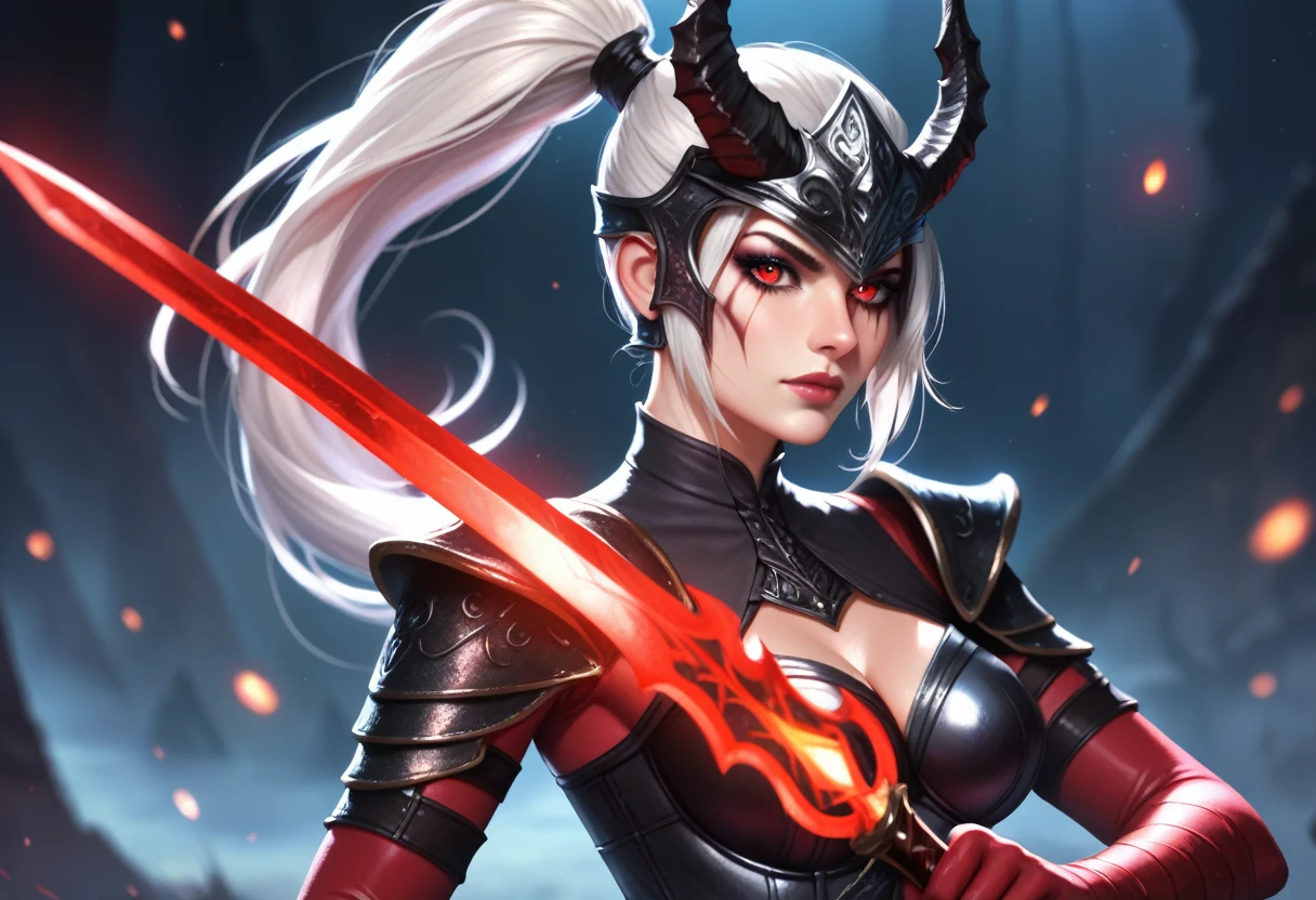 8k resolution, depth of field, photorealistic, lens flare, ((best quality)), (((intricate details))), highly detailed, (((cinematic effect))), looking at viewer,1girl,breasts,long hair, ((white hair with black highlights)), ponytail, glowing red eyes, serious and severe face, demonic armor, helmet in the shape of a blood red dragon head,holding, holding weapon, sword, holding sword, the blade and blood red color, night, (underworld,hells), well of cursed souls, the river styx, one of the 4 rivers of hell in the backgrounddynamic lighting, high quality.detailed skin