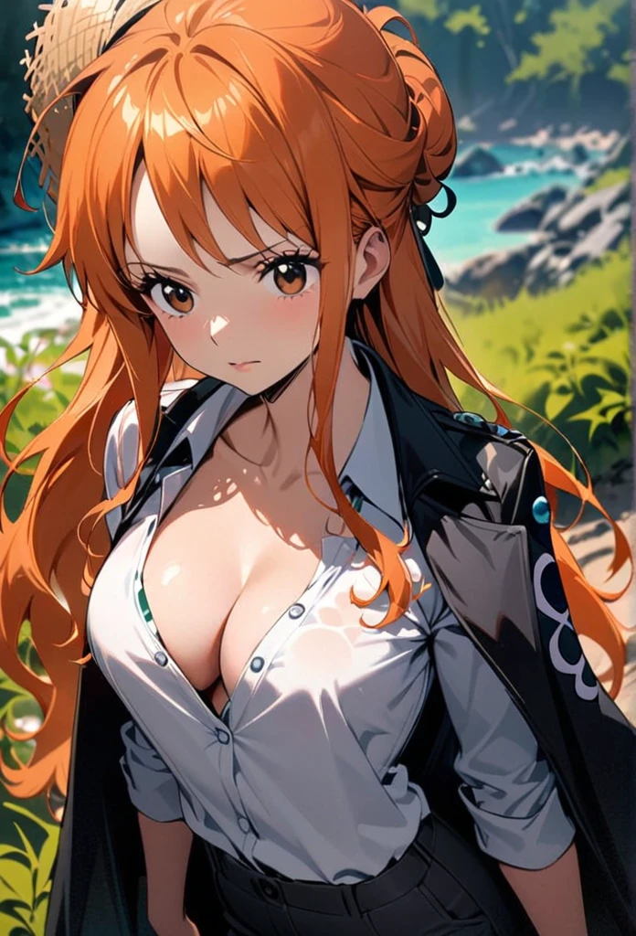 masterpiece, best quality), intricate details, 1 girl, woman, orange hair, nami \ (one piece\), (long hair), shirt, white shirt, female focus, clothes, collared shirt, pants, cape, black coat, shirt, scar, sandals, pectorals, partially unbuttoned, cleavage, black coat on shoulders, nature, scenery, upper body, straw hat,
((front view)) ((close up shot)) ((solo)) ((Twisted Updo: Long hair twisted and pinned up into an elegant updo, often with loose tendrils left out))
...